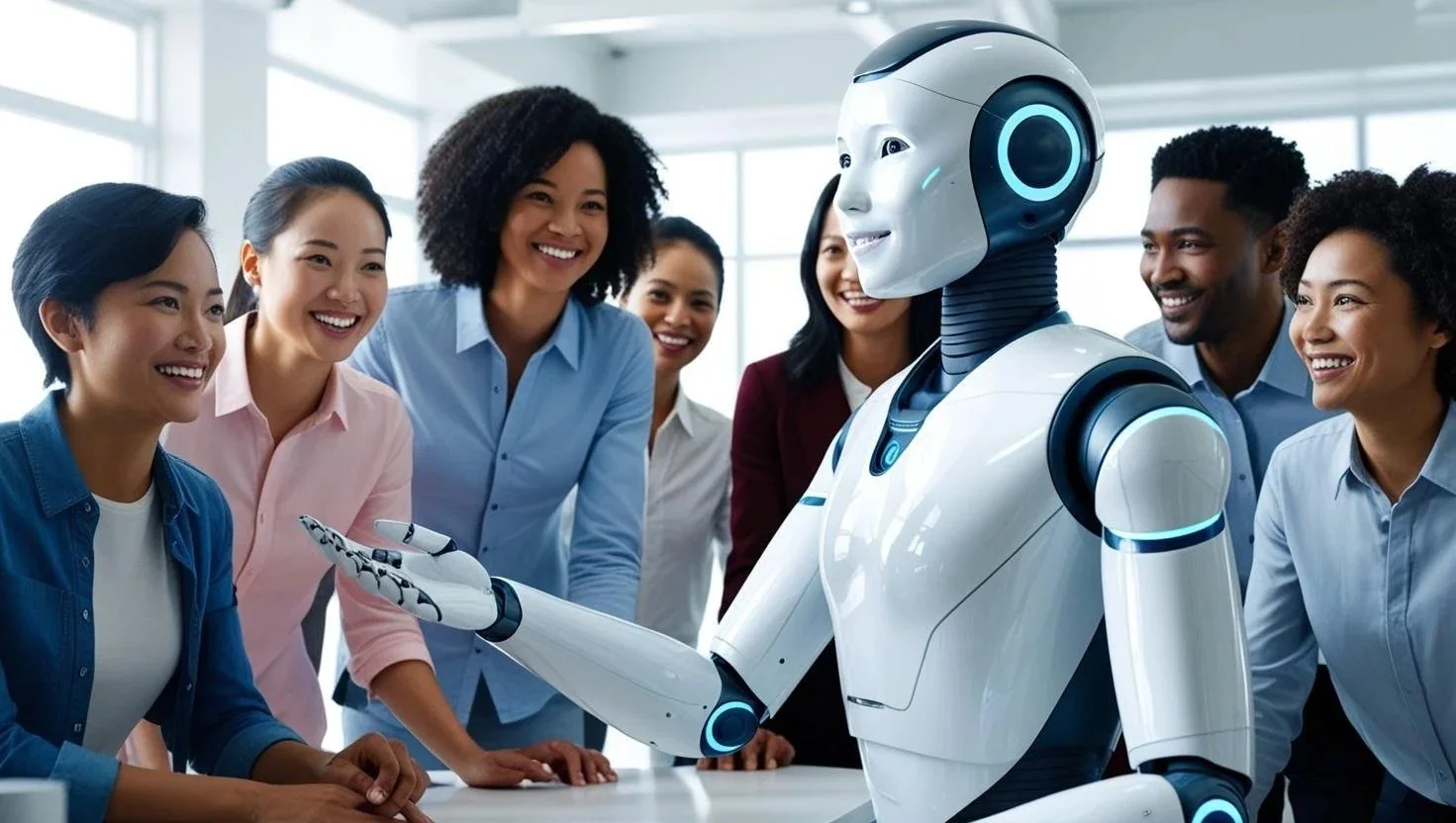 Eine Gruppe von Menschen, die um einen humanoiden Roboter versammelt sind, im modernen Büro oder Labor, lächelnd und den Roboter betrachtend.