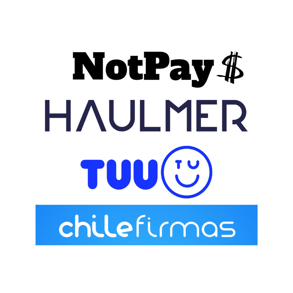Logotipos de NotPay, Haulmer, Tuu y ChileFirmas en diferentes colores y estilos sobre fondo blanco.