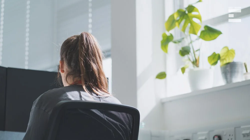 Back view of a person with brown hair tied in a ponytail, sitting in front of a computer at a desk near a window with green potted plants.