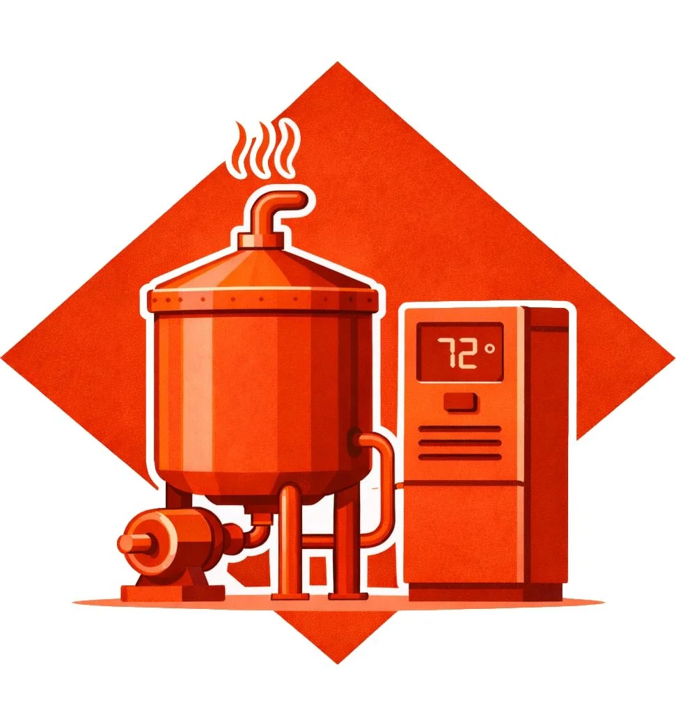A stylized illustration of a boiler and a thermal system, with a red background and a white border, showing the boiler emitting steam and the thermostat displaying 72 degree temperature.