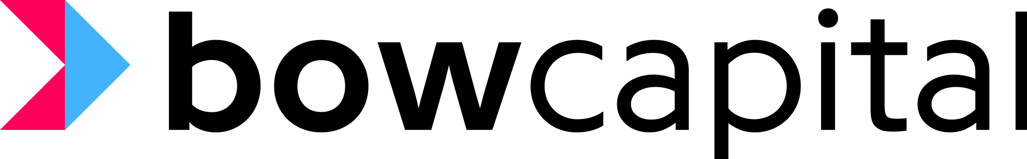 A logo with stylized arrows in pink and blue next to black text for vc firm Bow Capital.