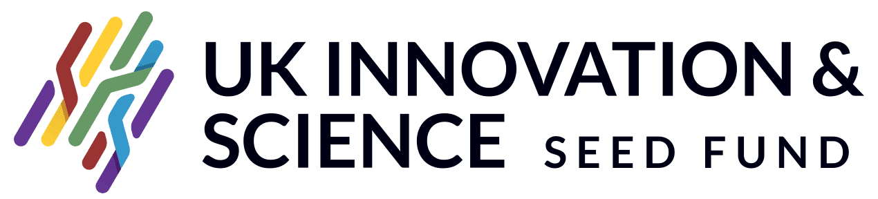 Logo of UK Innovation & Science Seed Fund, featuring colorful abstract lines and bold text.