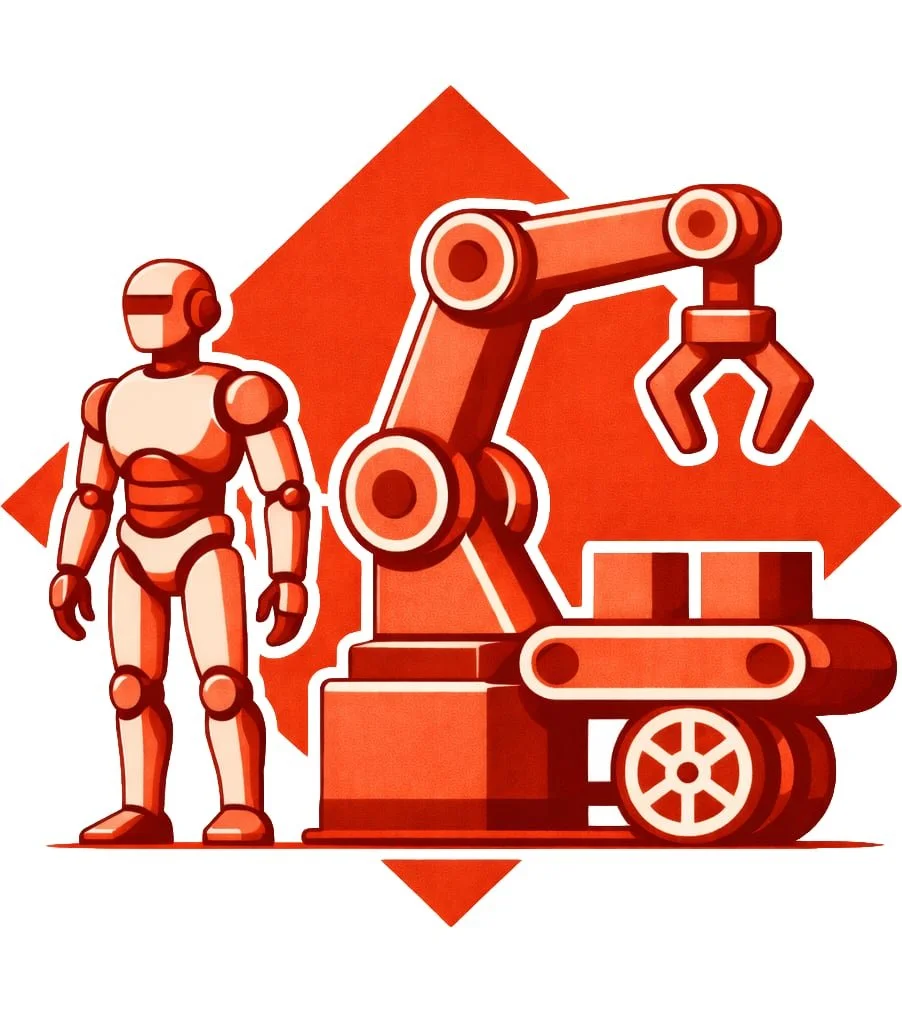 Illustration of a humanoid robot standing next to a robotic arm with a gripper, all in shades of orange and red.