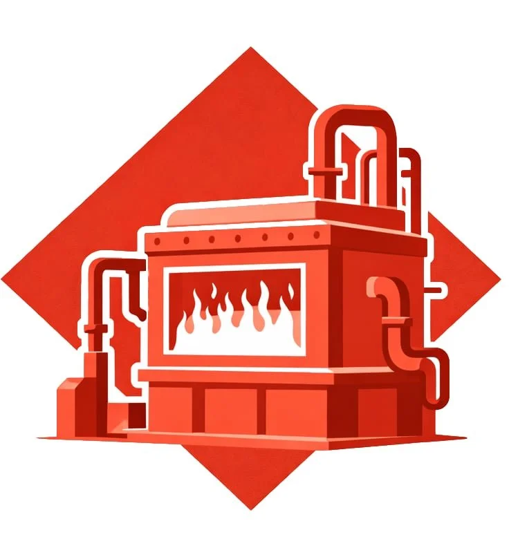 Illustration of an industrial machine or furnace with pipes and flames melting material, set against a red diamond background.