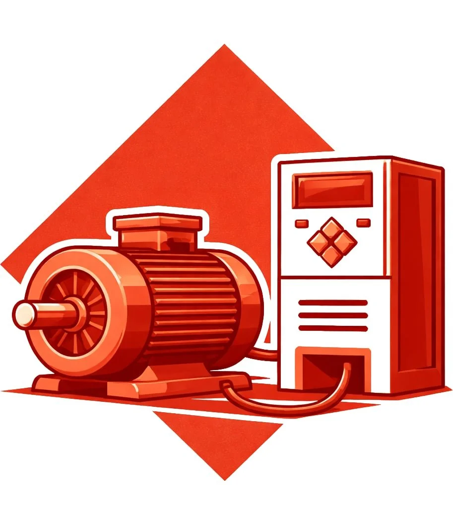 A digital illustration of an electric motor connected to an industrial drive, depicted in red tones.