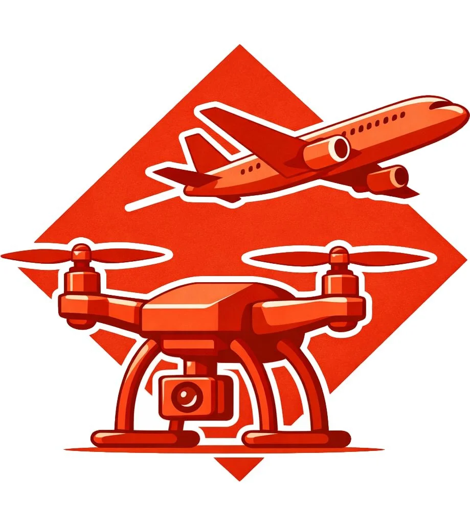 Illustration of a drone with a camera, in front of an airplane mid-flight, on a red background.