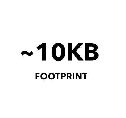 Design showing a footprint icon with the text '~10KB (kilobyte) FOOTPRINT' inside a white circle with a black background.