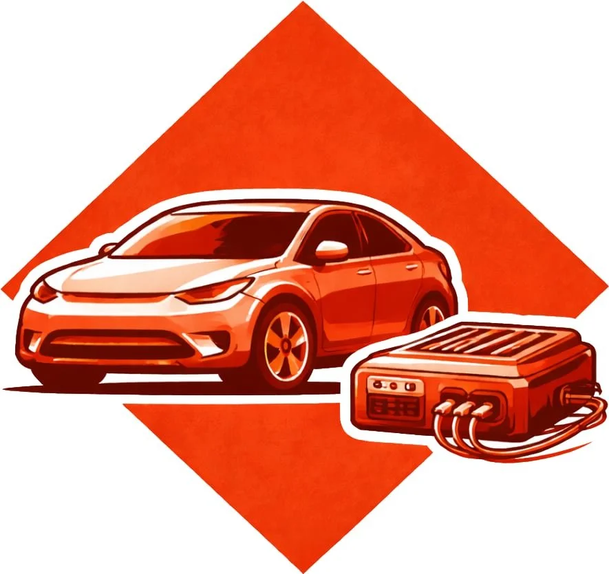 Illustration of an electric car and an automotive controller with a red diamond background.