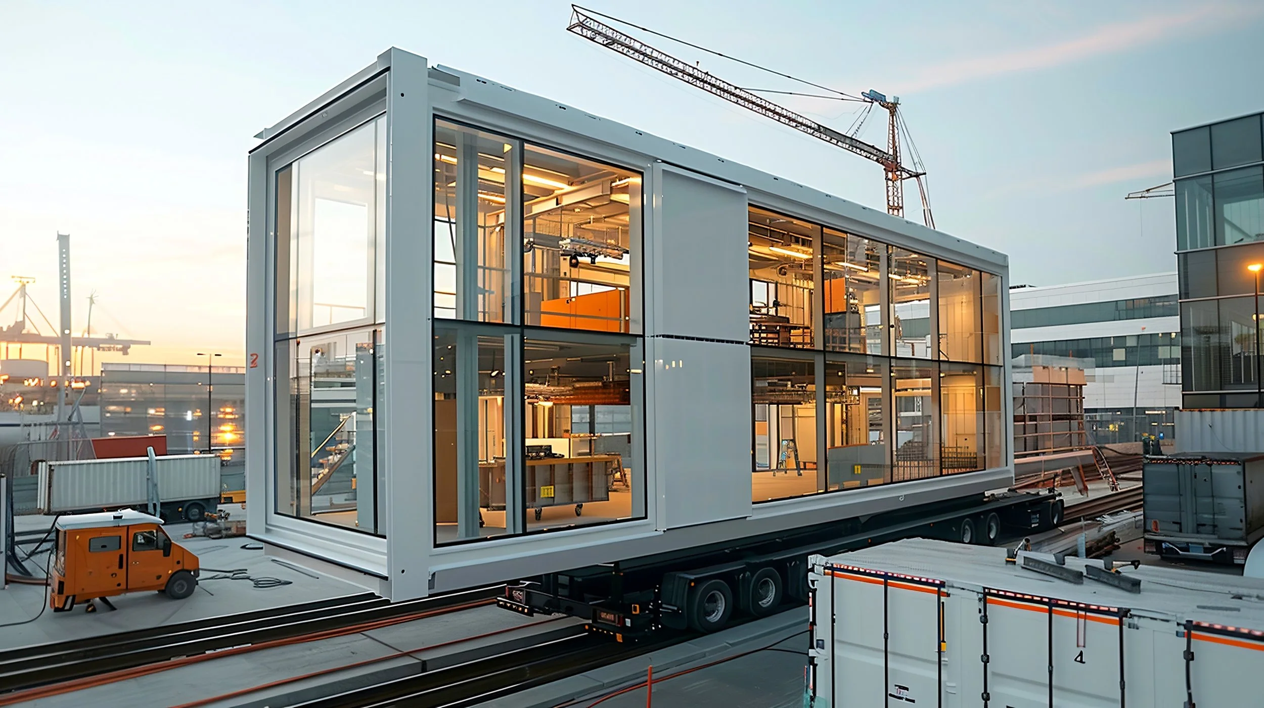 A modern prefabricated building section with large glass windows is being transported on a truck at a construction site during sunset.