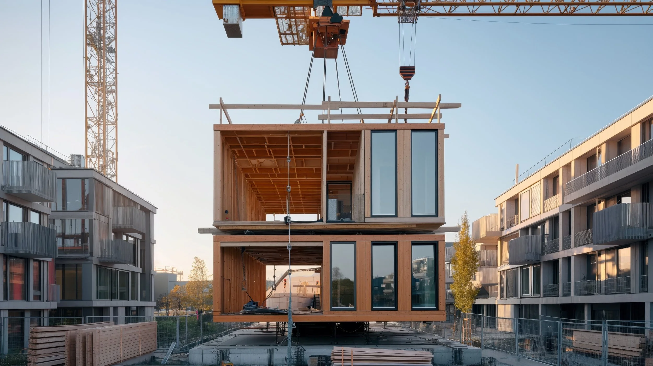 Two modern apartment buildings under construction, with a crane lifting a wooden modular unit into place between them, in an urban area during daylight.