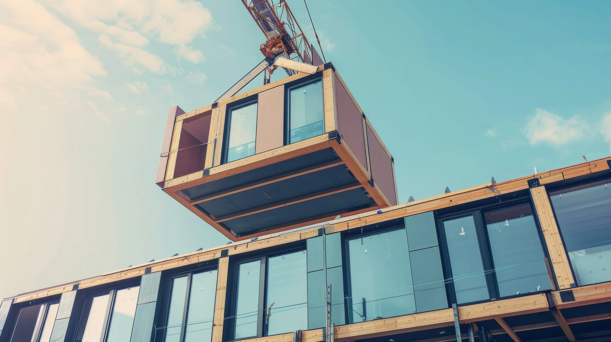building module being lifted in the air and placed on top of the constructed building