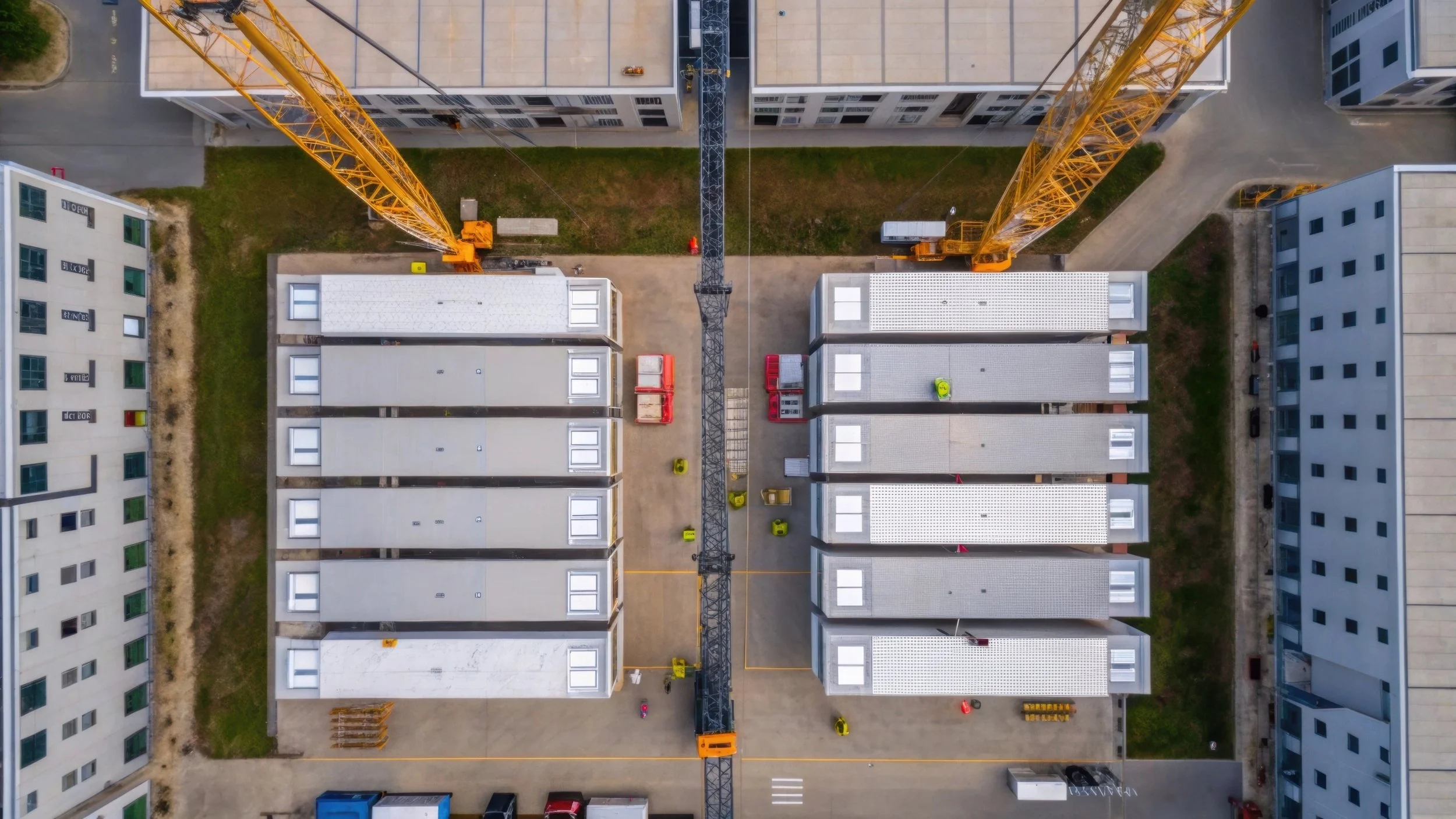 Aerial view of construction site with cranes and modules