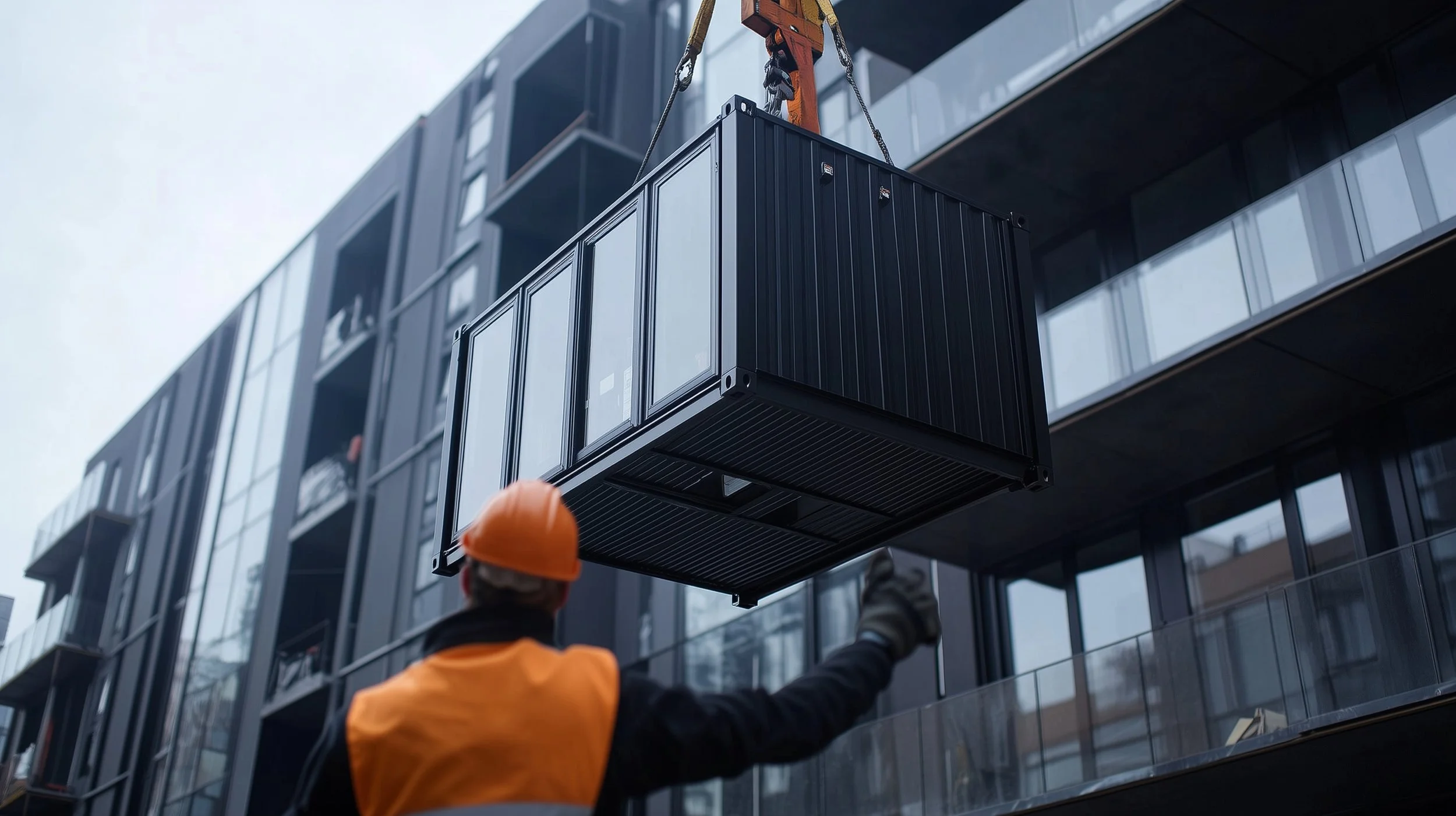 Construction worker in orange safety vest and helmet guiding a large black shipping container/ modular living unit being lifted by a crane in front of a modern apartment building with glass balconies.