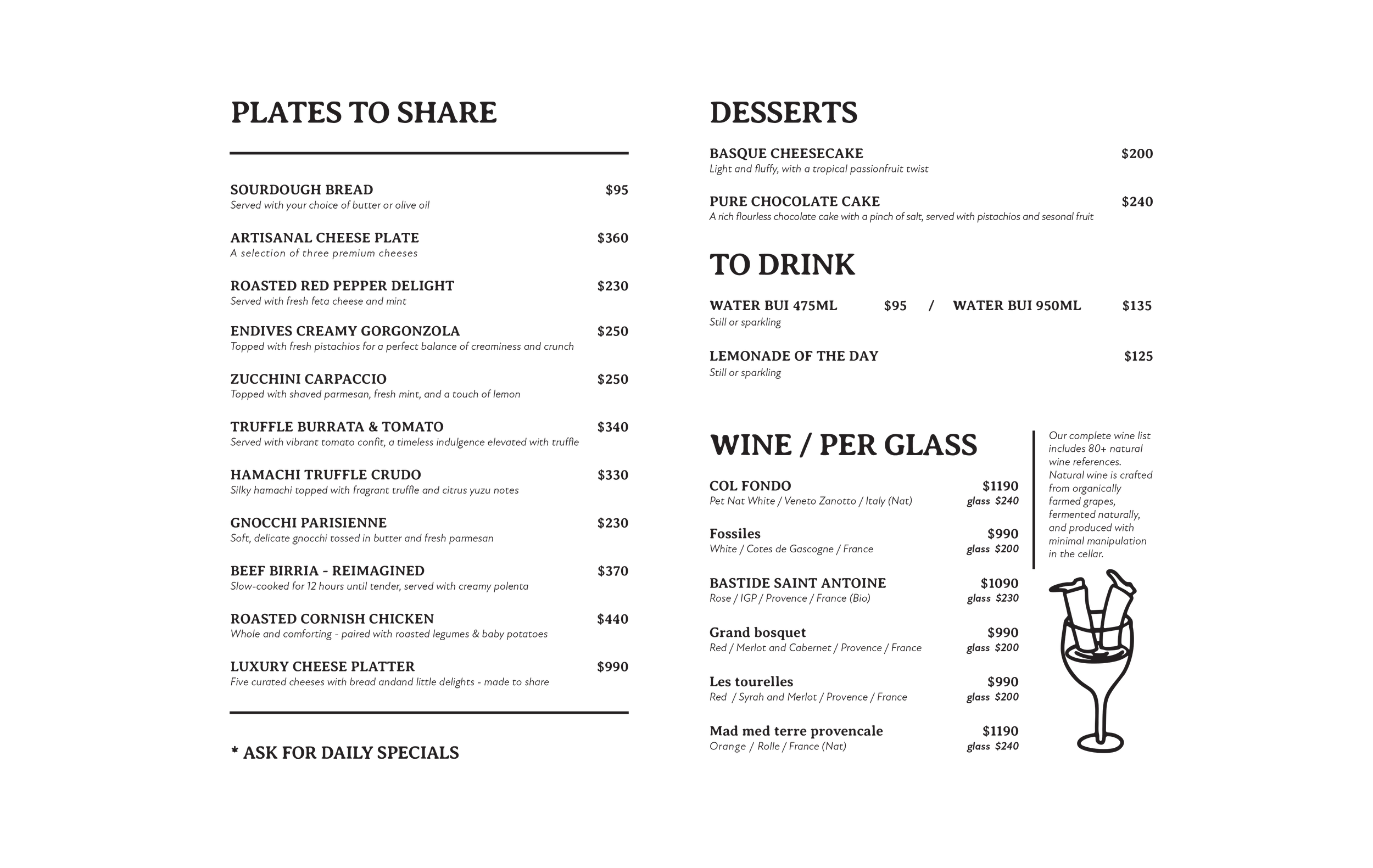 Restaurant menu featuring a list of plates to share including sourdough bread, cheese plate, roasted red pepper delight, creamy gorgonzola, zucchini carpaccio, truffle burrata and tomato, hamachi truffle crudo, gnocchi parisienne, beef birria reimagi