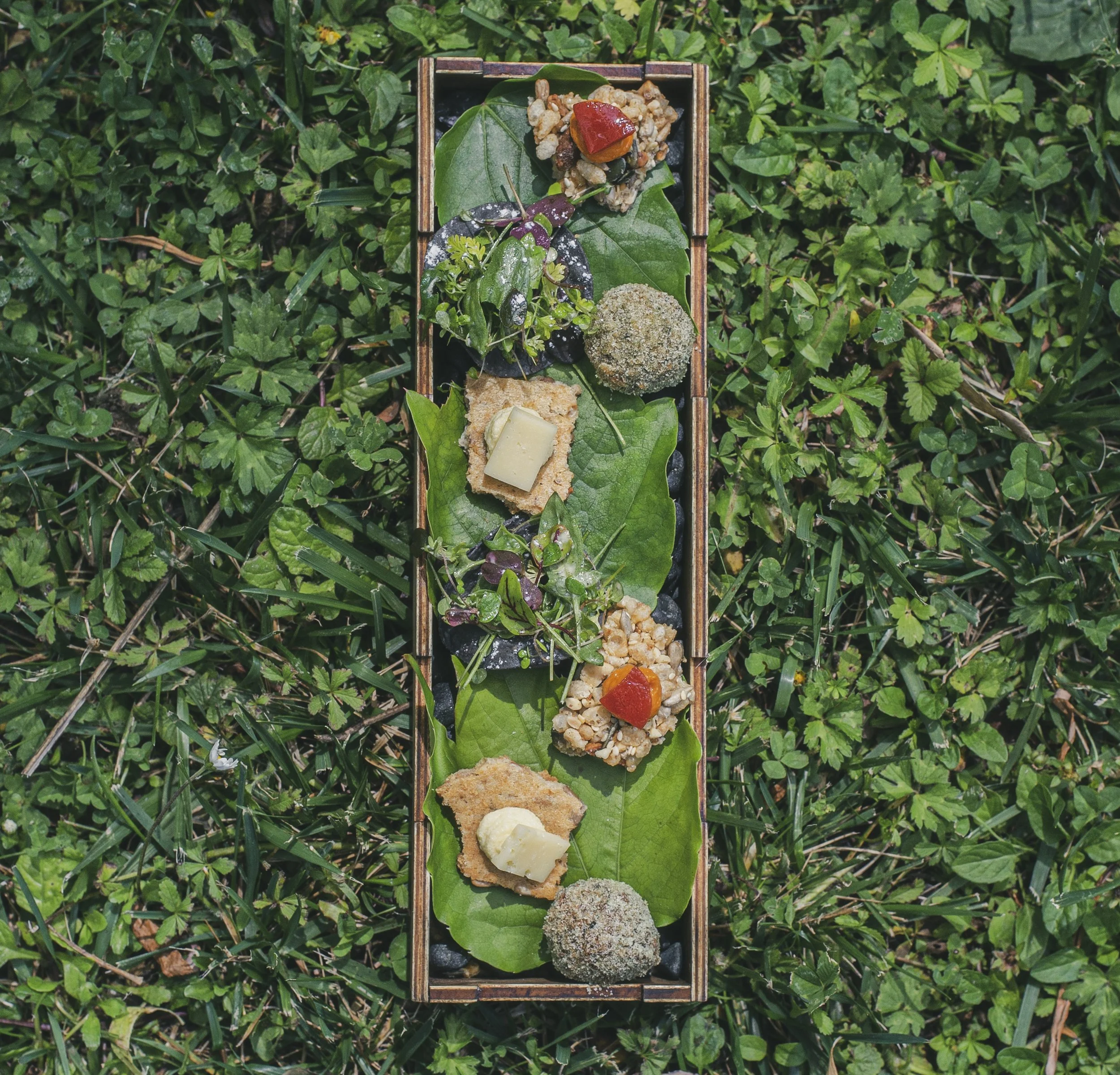 Un plateau avec différents fromages, crackers, légumes et fruits, placé sur de l'herbe verte.