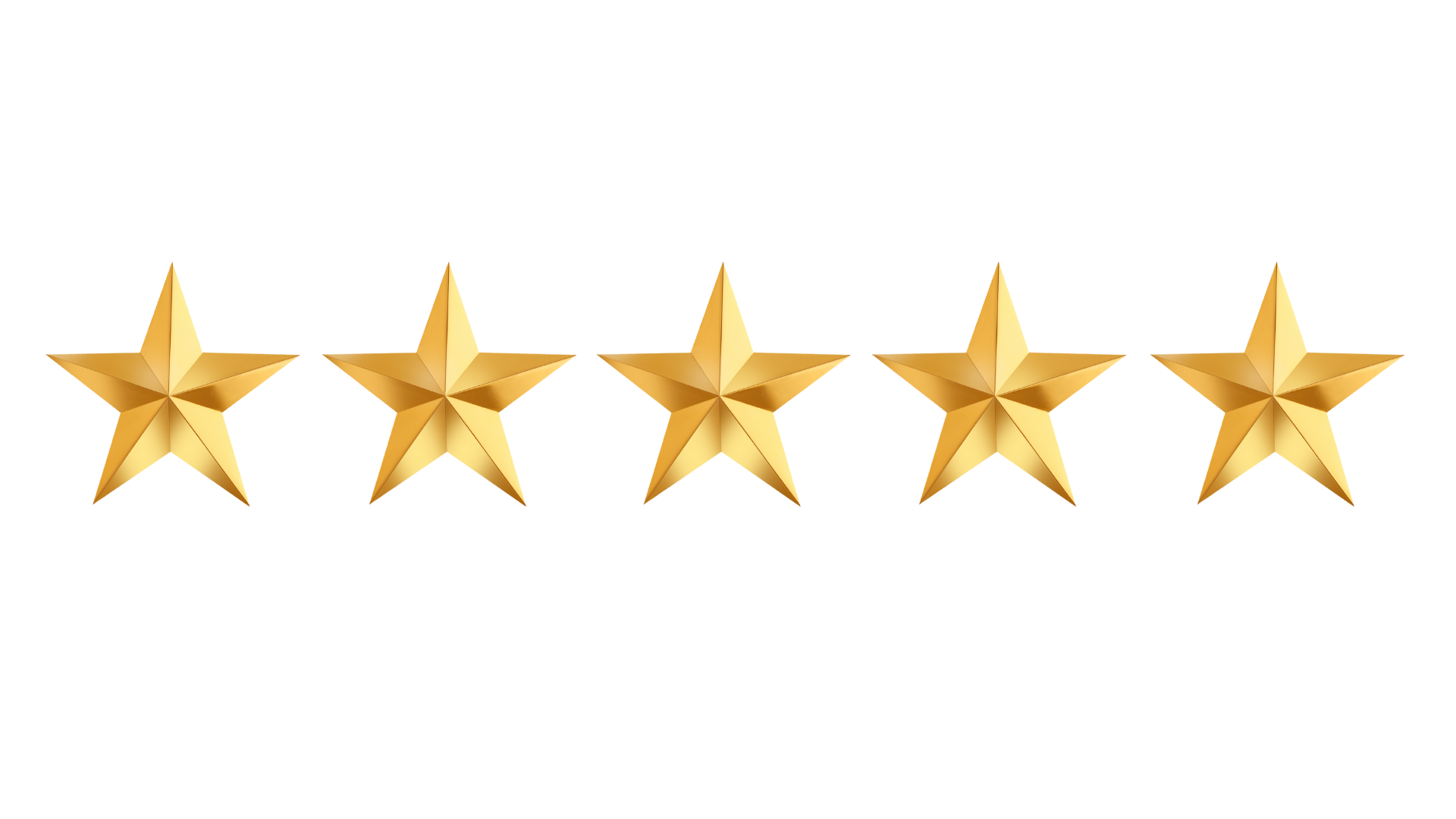 Five gold stars in a row on a transparent background.
