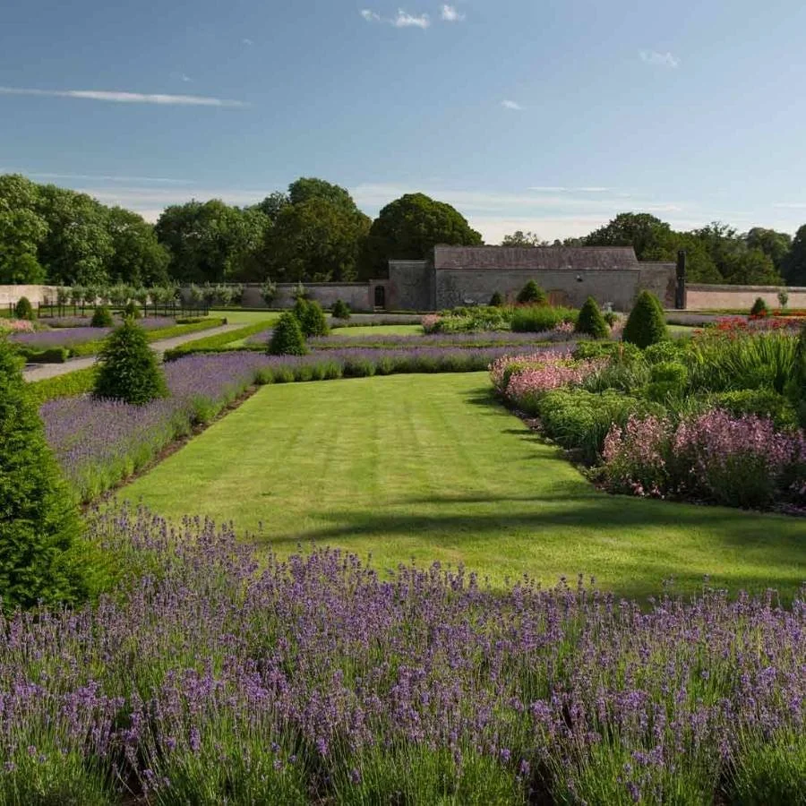 A garden with a well-manicured lawn, colorful flower beds, and trees, with a stone building in the background under a clear blue sky.