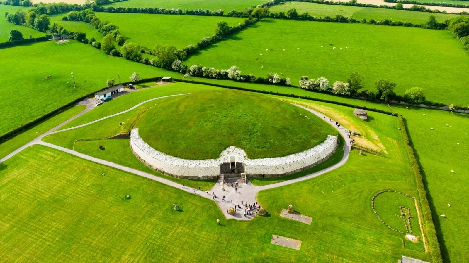 Aerial view of a prehistoric circular stone monument with a central grass area, surrounded by walking paths and green fields with sheep and trees.