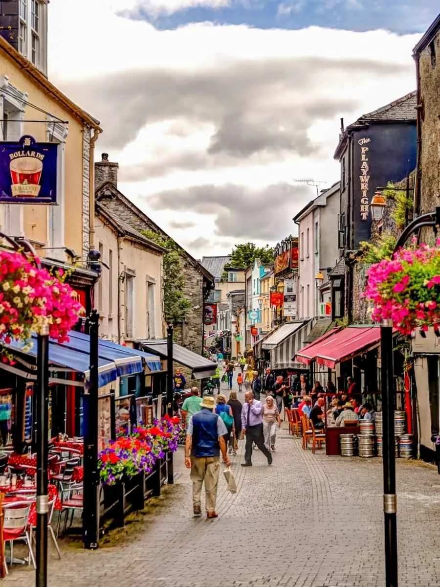 Historic street in Kilkenny city lined with traditional shops