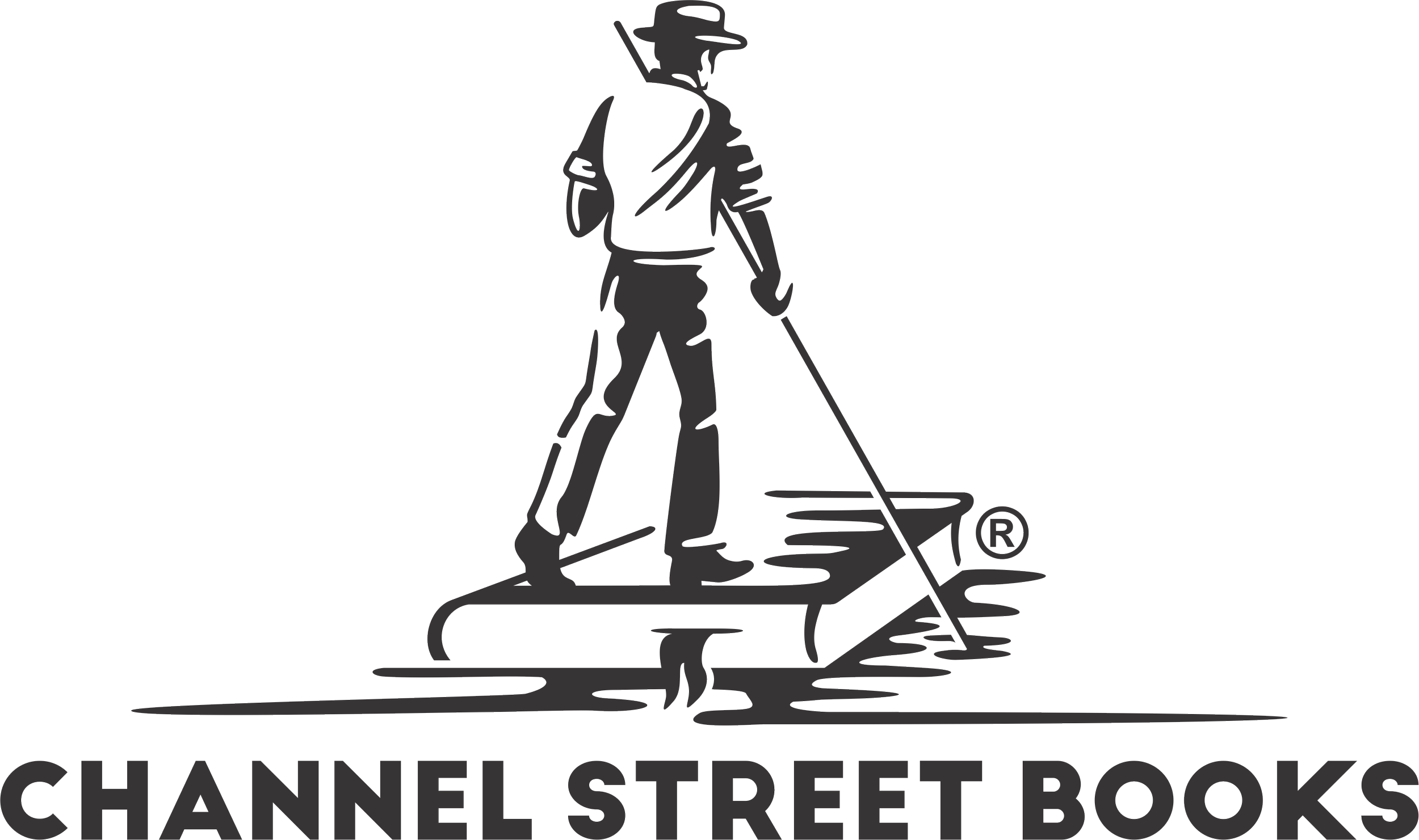 A black and white illustration of a person wearing a hat rowing on a waterway, with the words 'Channel Street Books' written underneath.