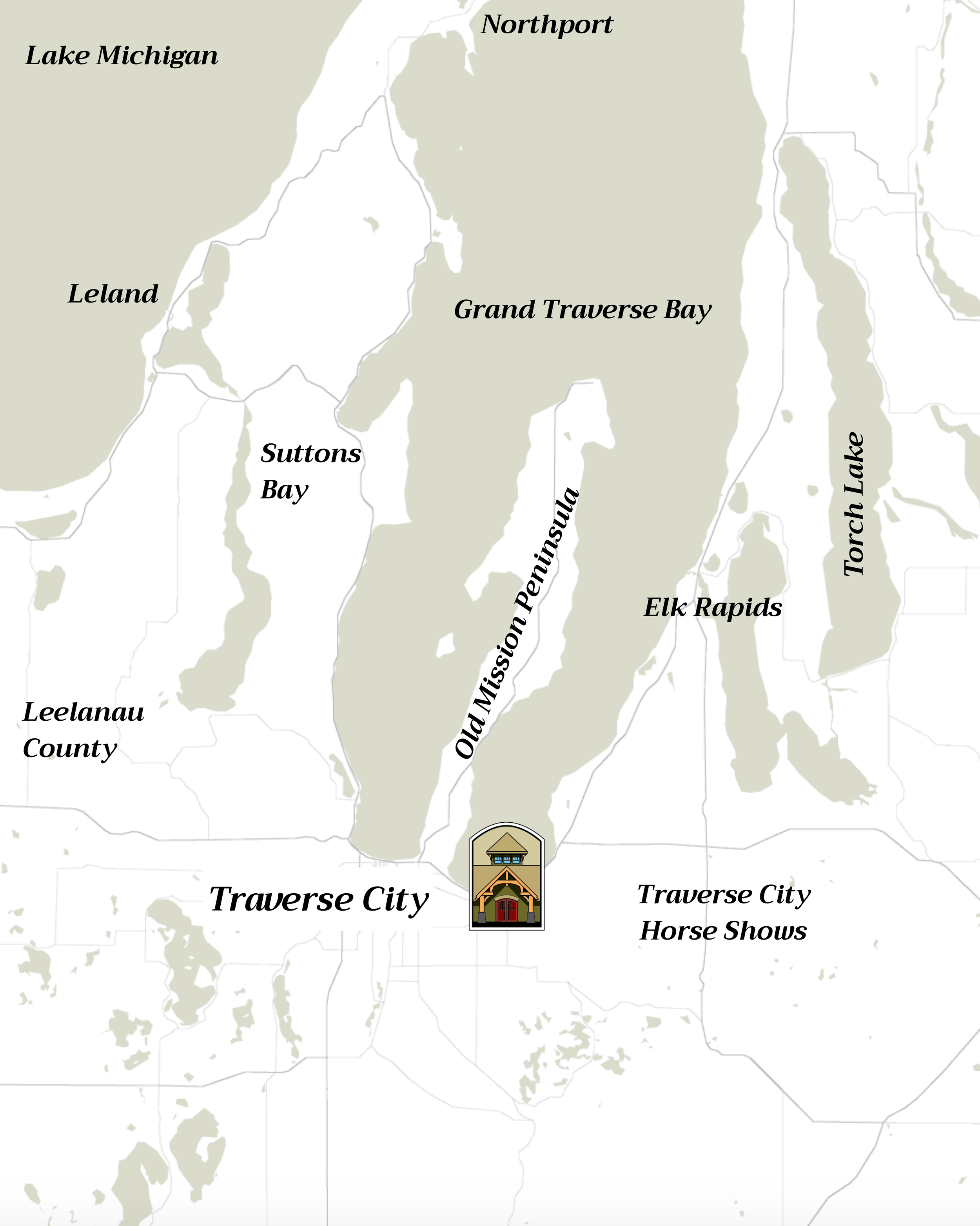 Map highlighting Traverse City, Michigan, and surrounding landmarks including Lake Michigan, Grand Traverse Bay, Old Mission Peninsula, Leland, Suttons Bay, Elk Rapids, Torch Lake, and areas like Leelanau County and Traverse City Horse Shows.