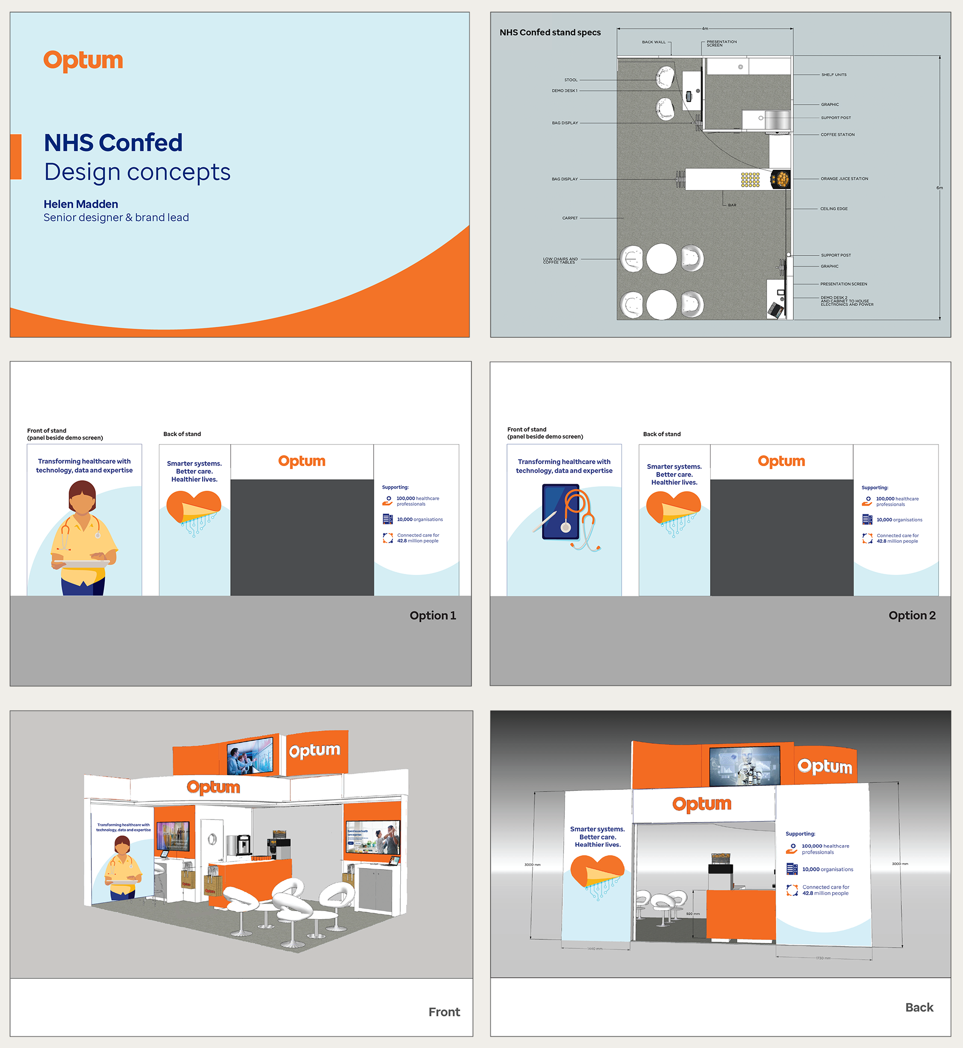 Six screenshots showing design concepts in Optum branding, orange and white with colourful illustrations
