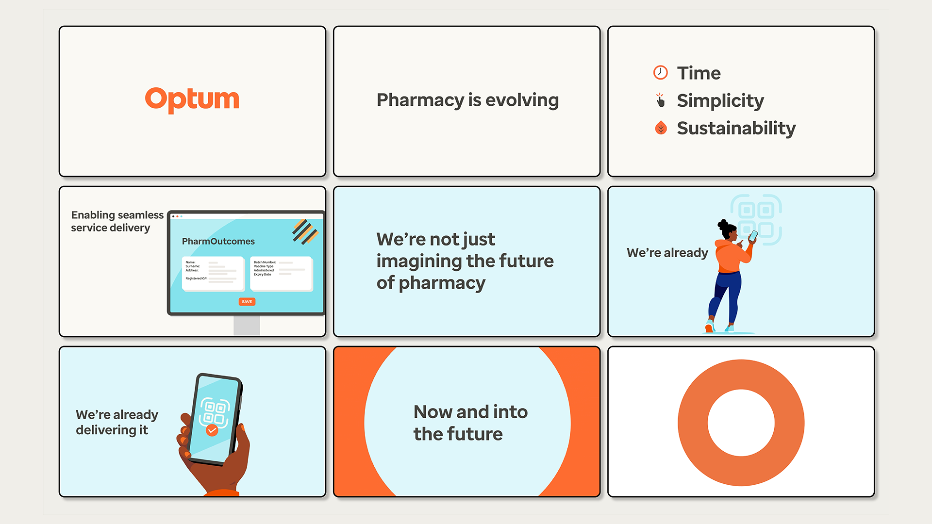 Nine screenshots of various stills from the video in Optum branding