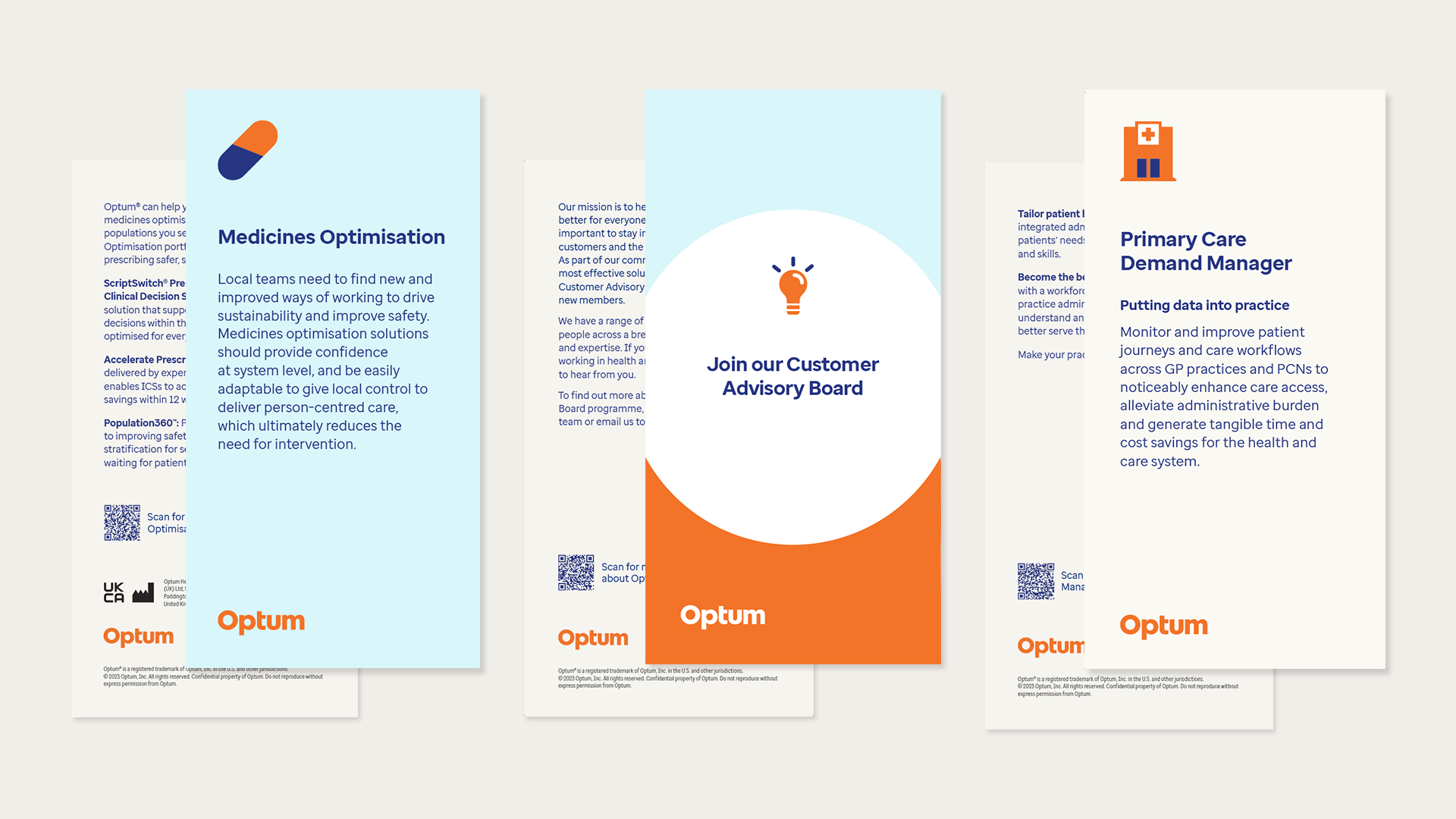 Three double sided leaflets showing variation in Optum branding. One blue, one orange and blue, and one off-white