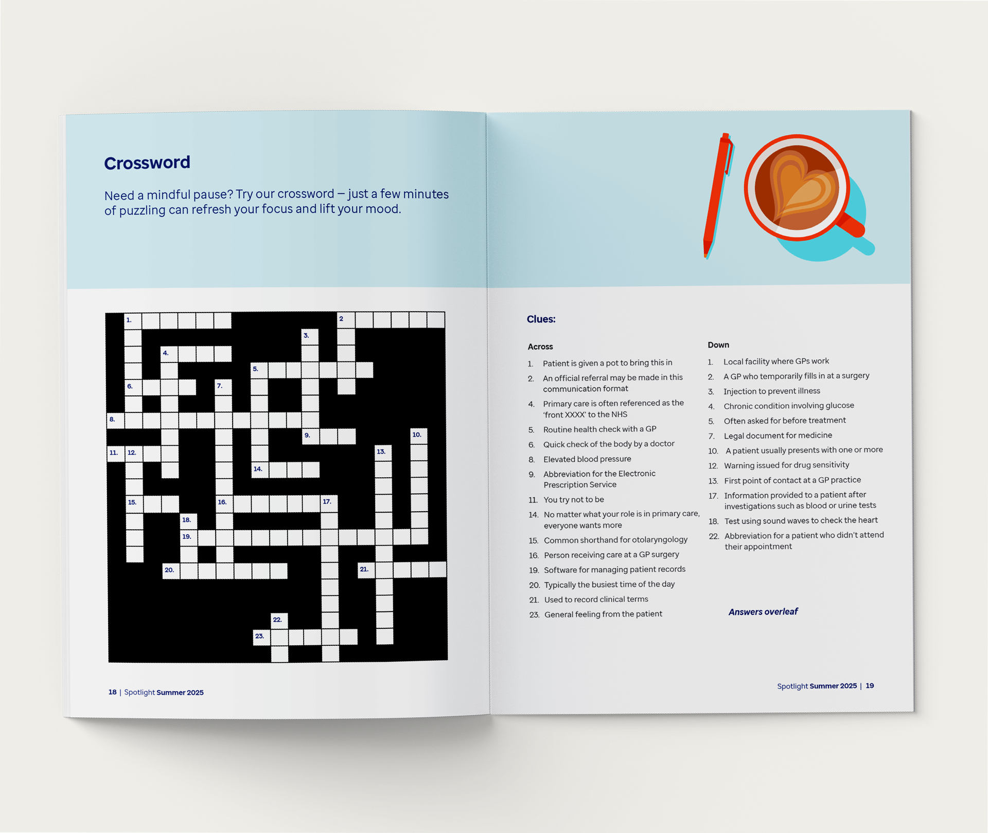 Double page spread showing crossword and answers