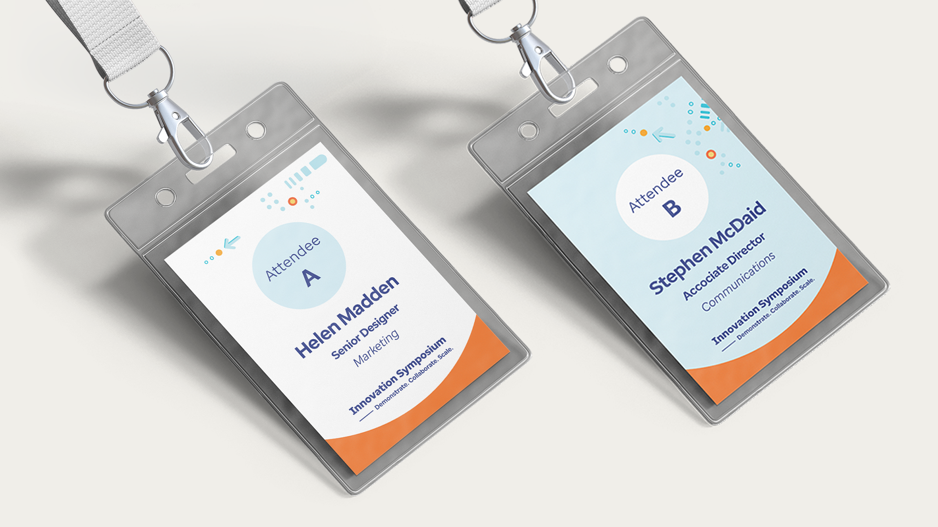Two conference name badges with clear plastic holders and lanyards. The badge on the left reads Helen Madden, Senior Designer, Marketing, Attendee A. The badge on the right reads Stephen McDaid, Account Director, Communications, Attendee B. Both badges include the event name Innovation Symposium at the bottom.