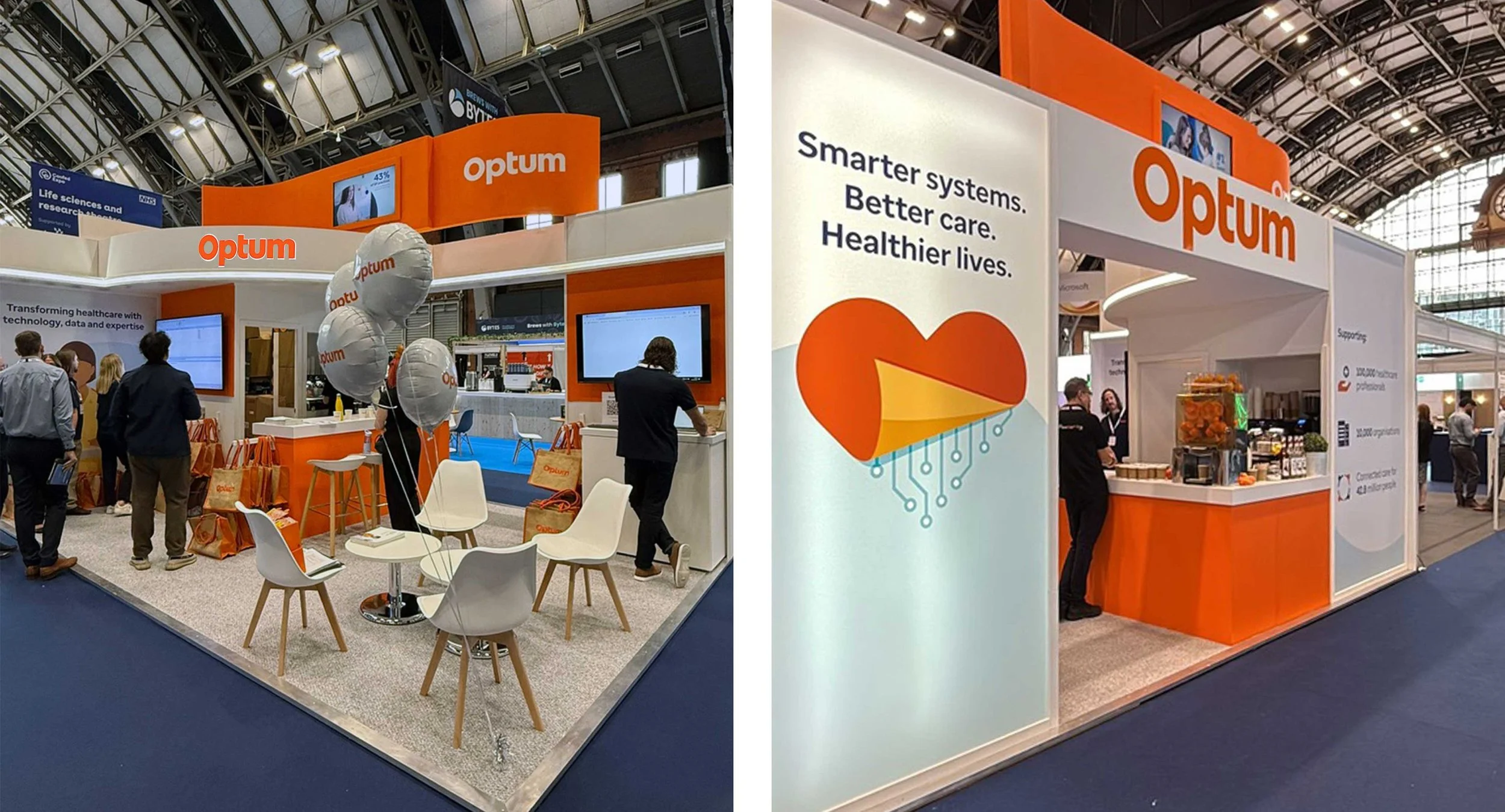 Two images, one showing the front of the stand with Optum branding in orange and white and a group of people watching demo screens