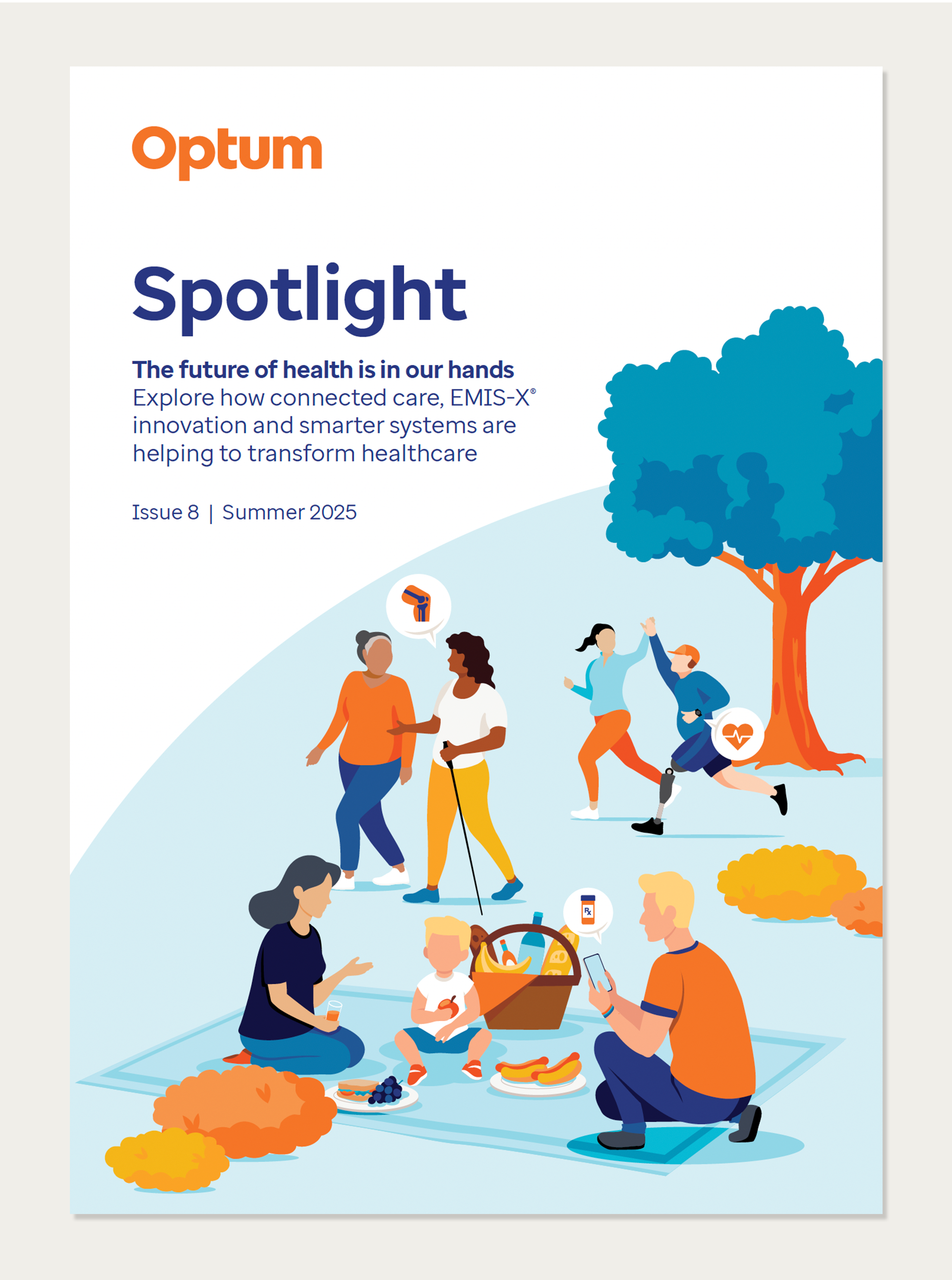 Flat image of the cover page showing detail of illustration which shows six adults and one child in a park setting having a picnic, walking and running