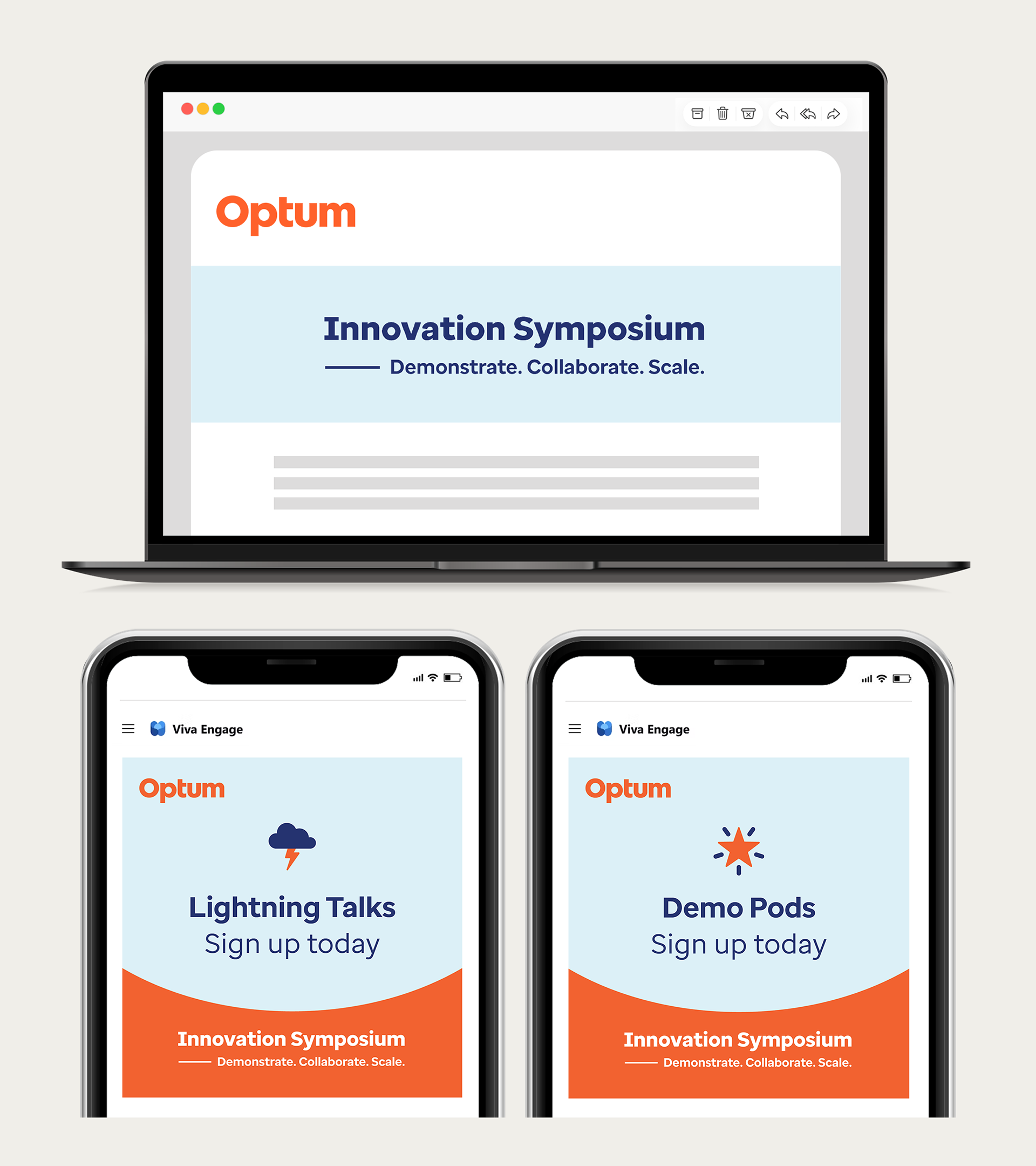 A laptop displaying a presentation titled 'Innovation Symposium' with the subtitle 'Demonstrate. Collaborate. Scale.' and two smartphones showing event apps for 'Lightning Talks' and 'Demo Pods' sign-ups, with logos and colorful graphics.