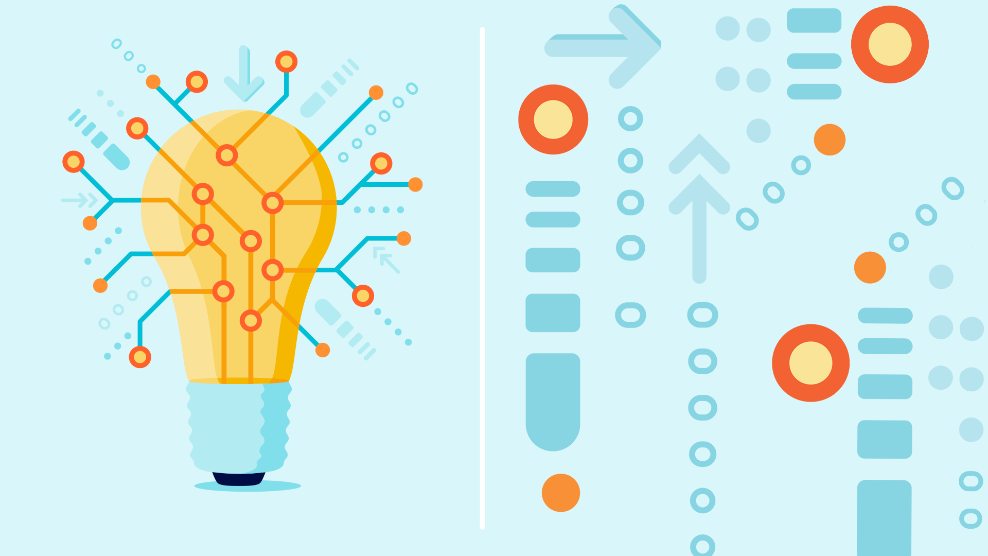 A graphic illustrating innovation and technology, featuring a lightbulb with interconnected lines and circles on the left, and a digital circuit pattern with arrows and dots on the right.