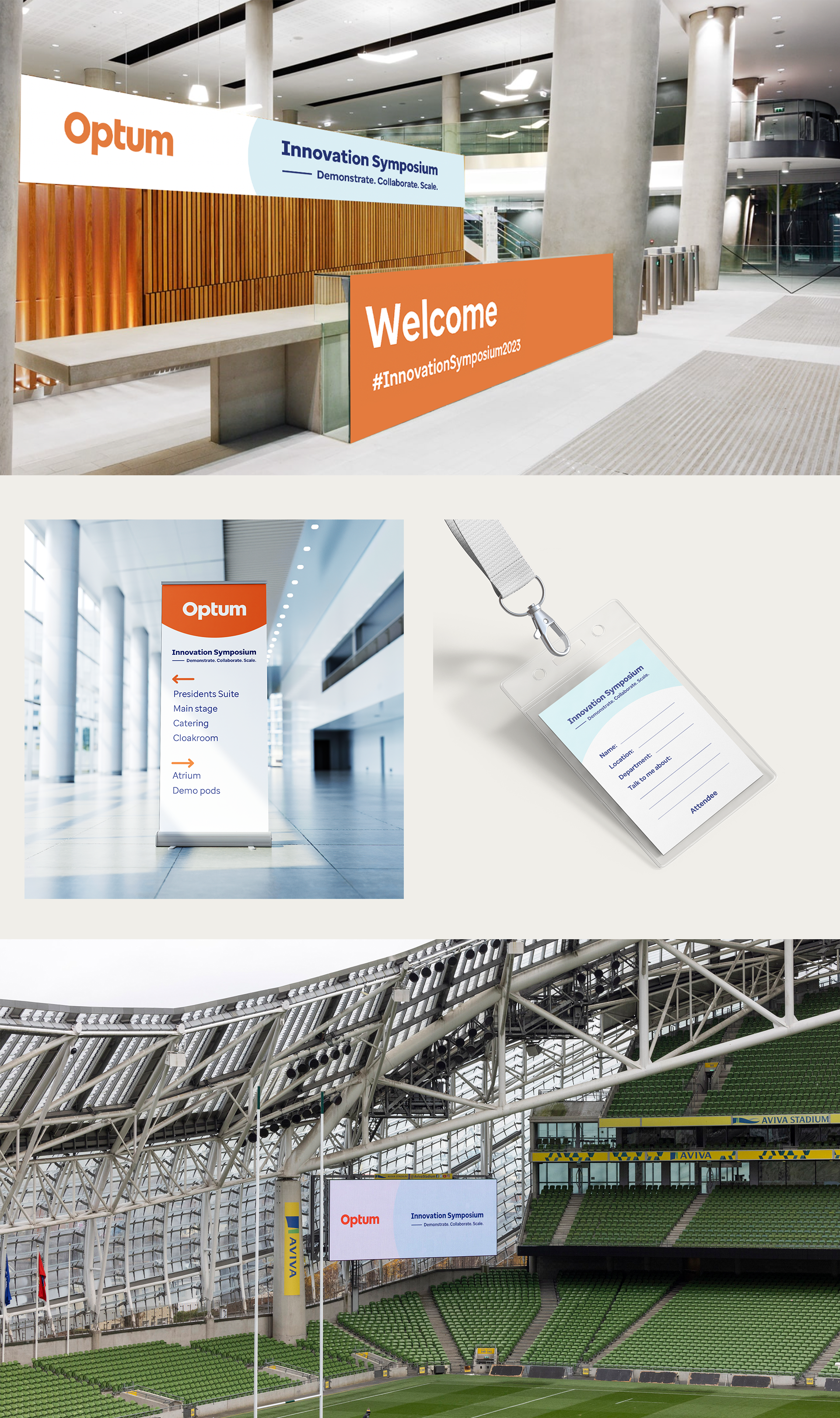 Exhibition and signage at the Optum Innovation Symposium, held in a modern conference center, including an indoor hallway with directional signs and an outdoor stadium with LED screens displaying the event branding.
