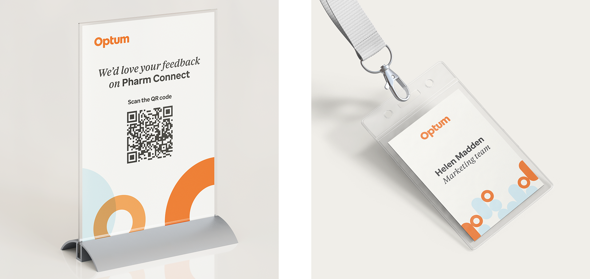 Two images, one showing a real life mock up of a desktop stand showing a leaflet with a QR code and another showing a real life mockup of an employee badge