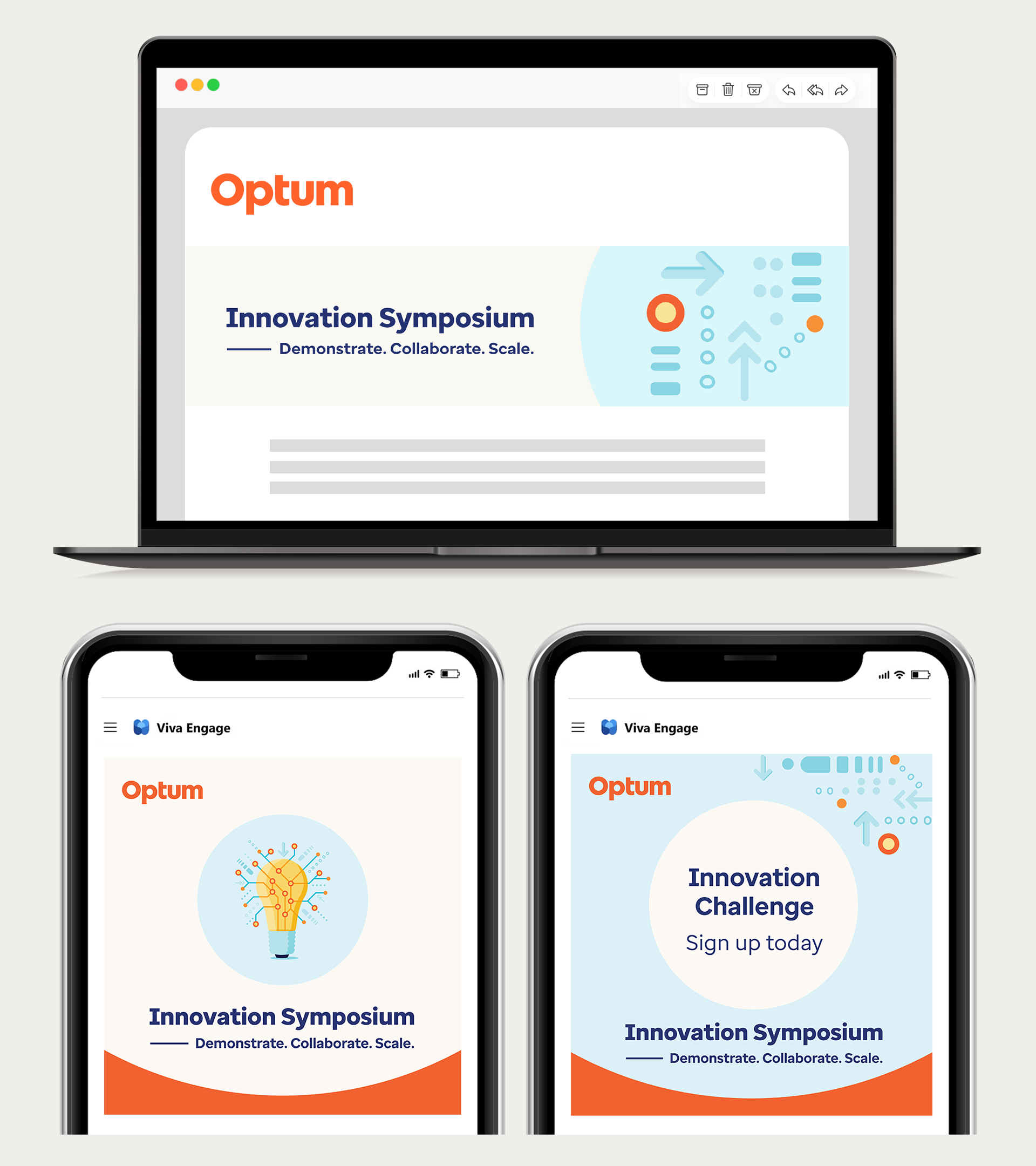 Screenshots of promotional material for an innovation symposium, with a laptop displaying the event's banner and two smartphones showing different event screens, including a lightbulb illustration and a call to sign up for the innovation challenge.