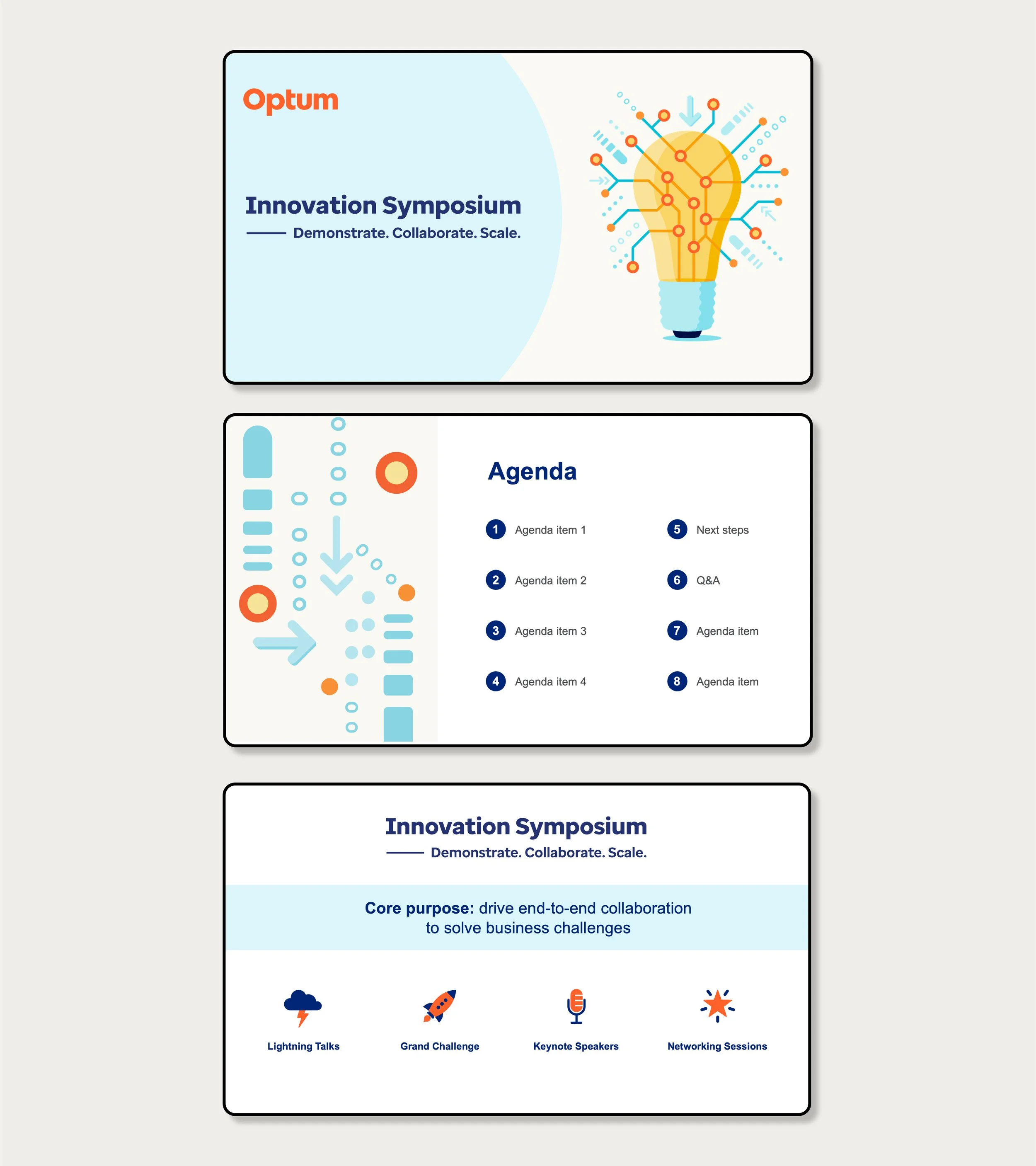 Slides from an innovation symposium presentation including a title slide with a lightbulb graphic, an agenda slide with numbered items, and an overview slide with icons and text about collaboration and solving business challenges.