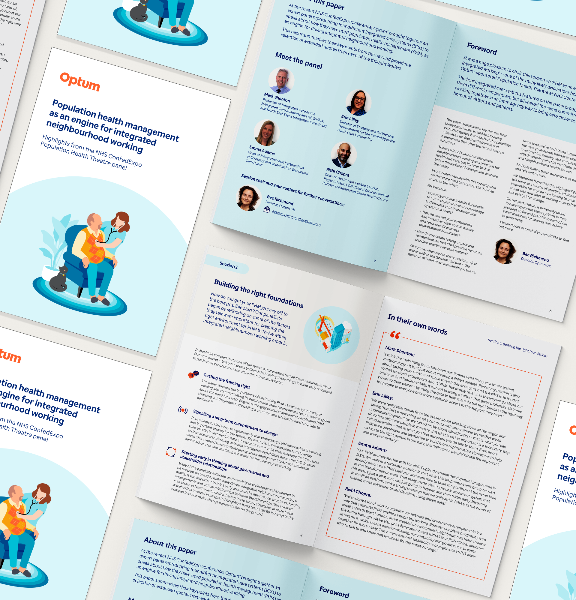 Various layouts from an A4 brochure in Optum branding