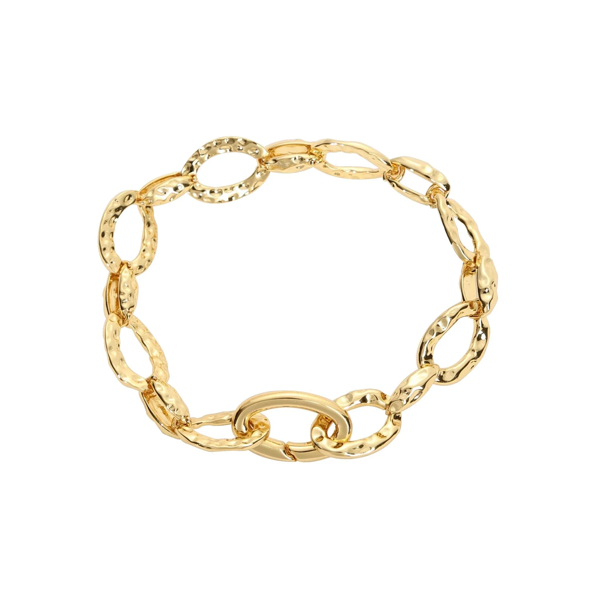 Gold chain link bracelet with textured and smooth links.