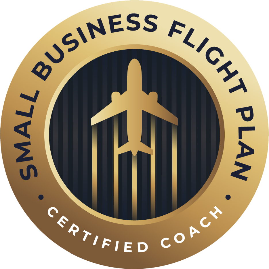 A gold and black badge with an airplane graphic in the center. The badge reads "Small Business Flight Plan" and "Certified Coach."