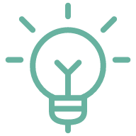 Line drawing of a light bulb with rays coming out, symbolizing an idea or innovation.