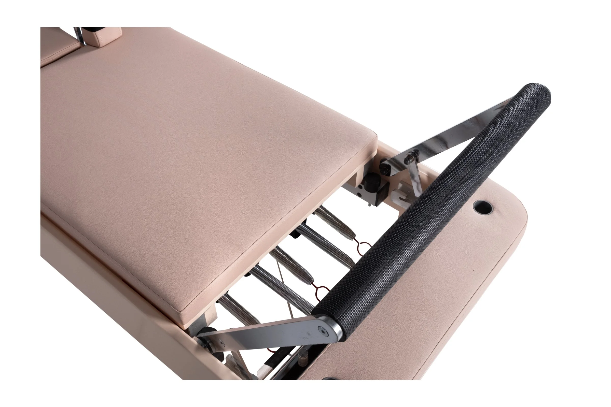 Medical examination table with padded surface and adjustable headrest.