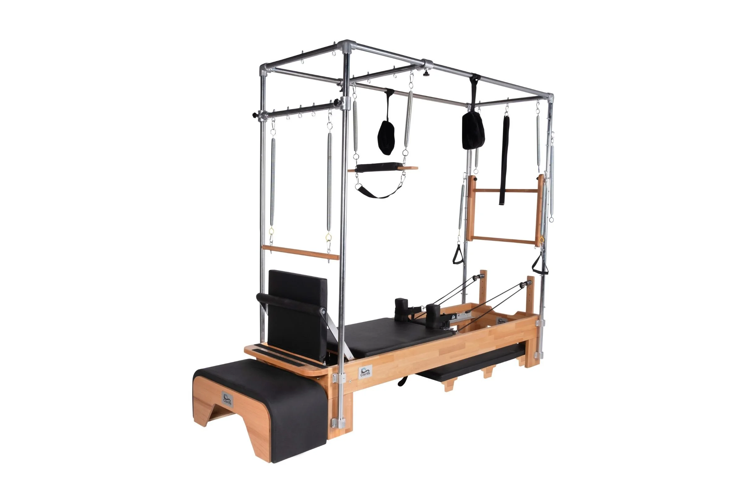 Rehabilitation Pilates equipment with a wooden frame, padded surfaces, and various metal and fabric attachments for physical therapy exercises.