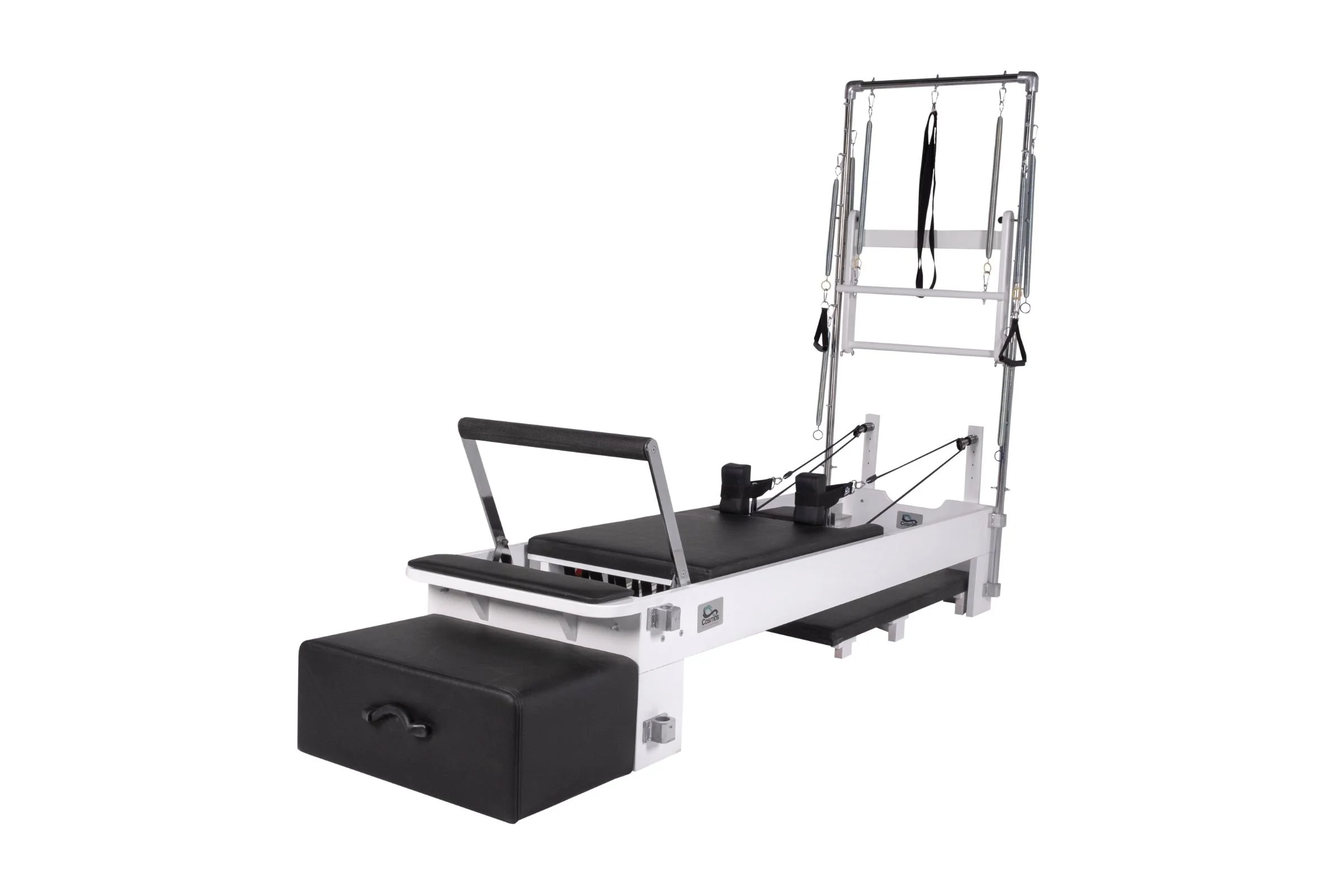 A Pilates reformer machine with adjustable features, a padded carriage, and a vertical frame with resistance bands and straps.