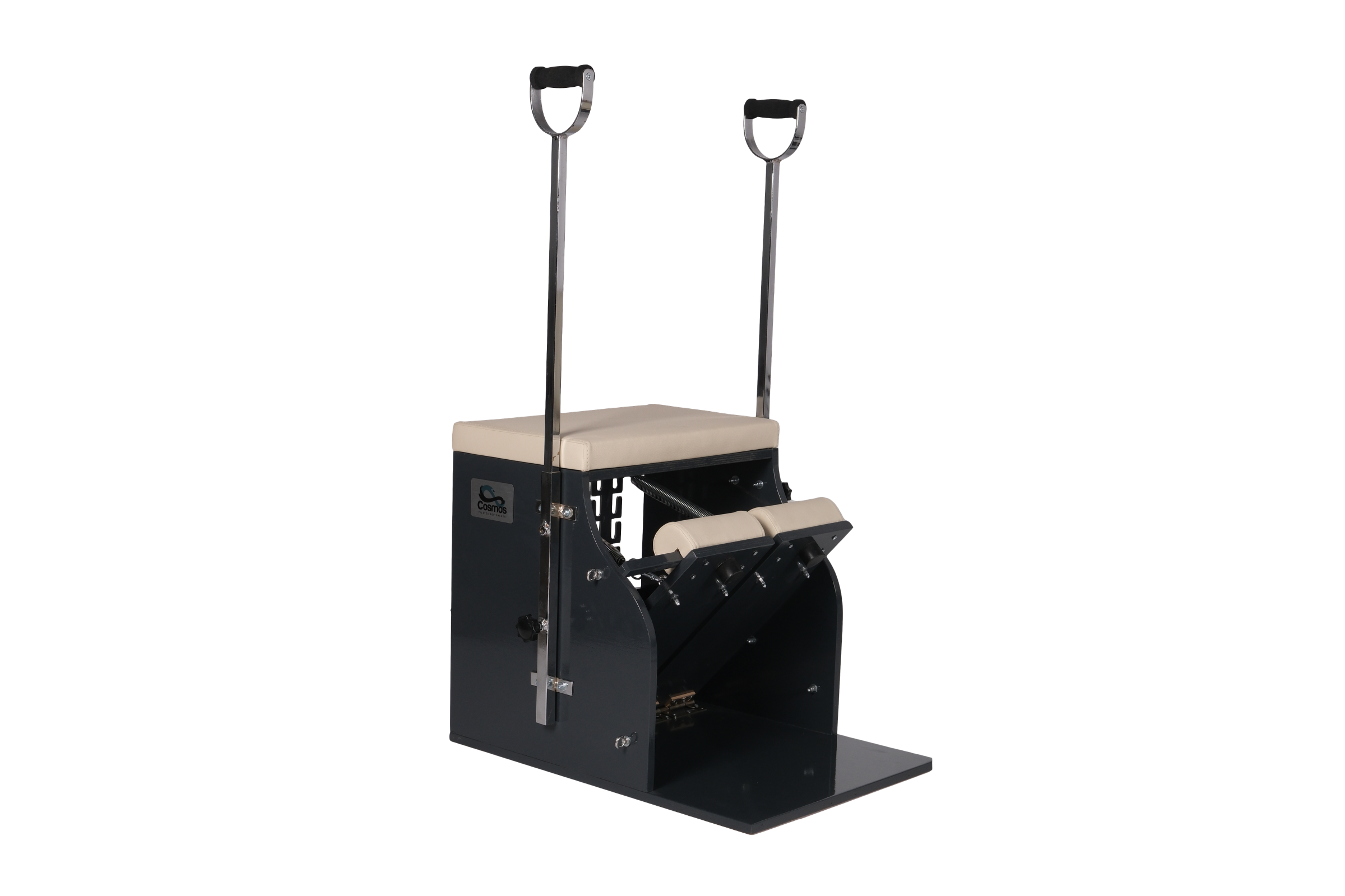 A black and beige leg press exercise machine with footplates and handles, designed for lower body workouts.