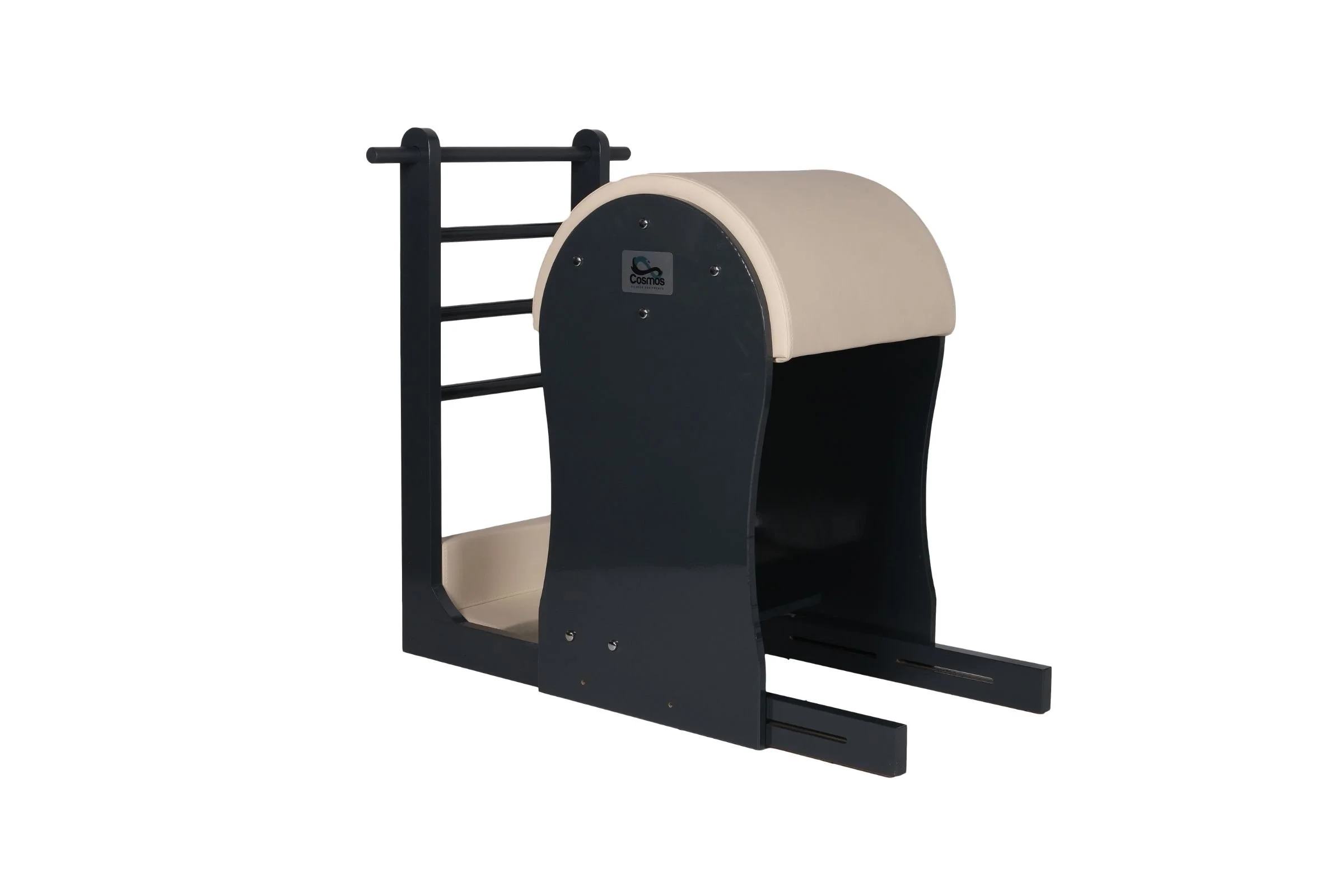 A black and beige pediatric chiropractic adjustment table with a padded top and a sturdy frame.
