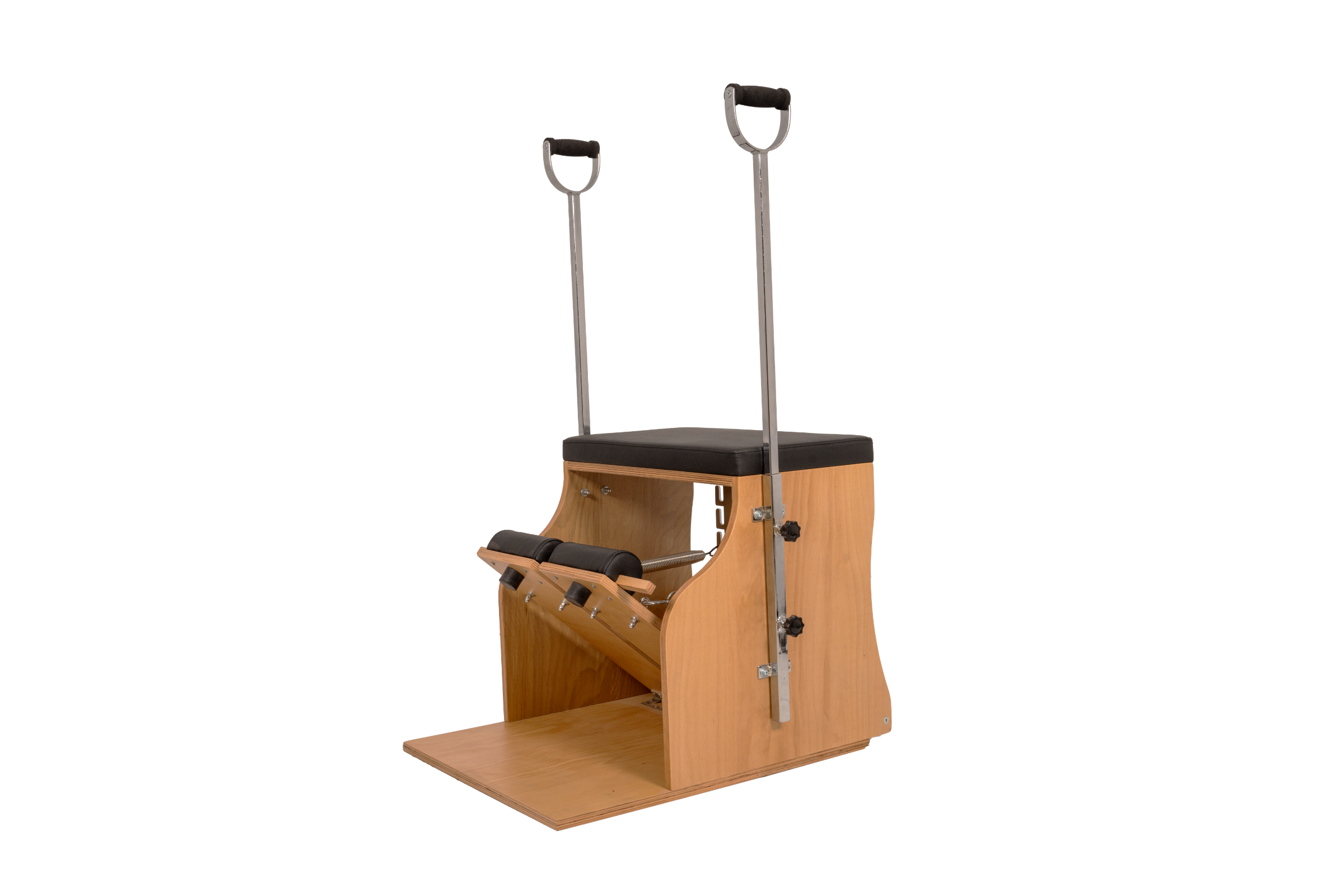 Wooden Pilates chair with padded footrest, black cushioned seat, and adjustable metal handles.