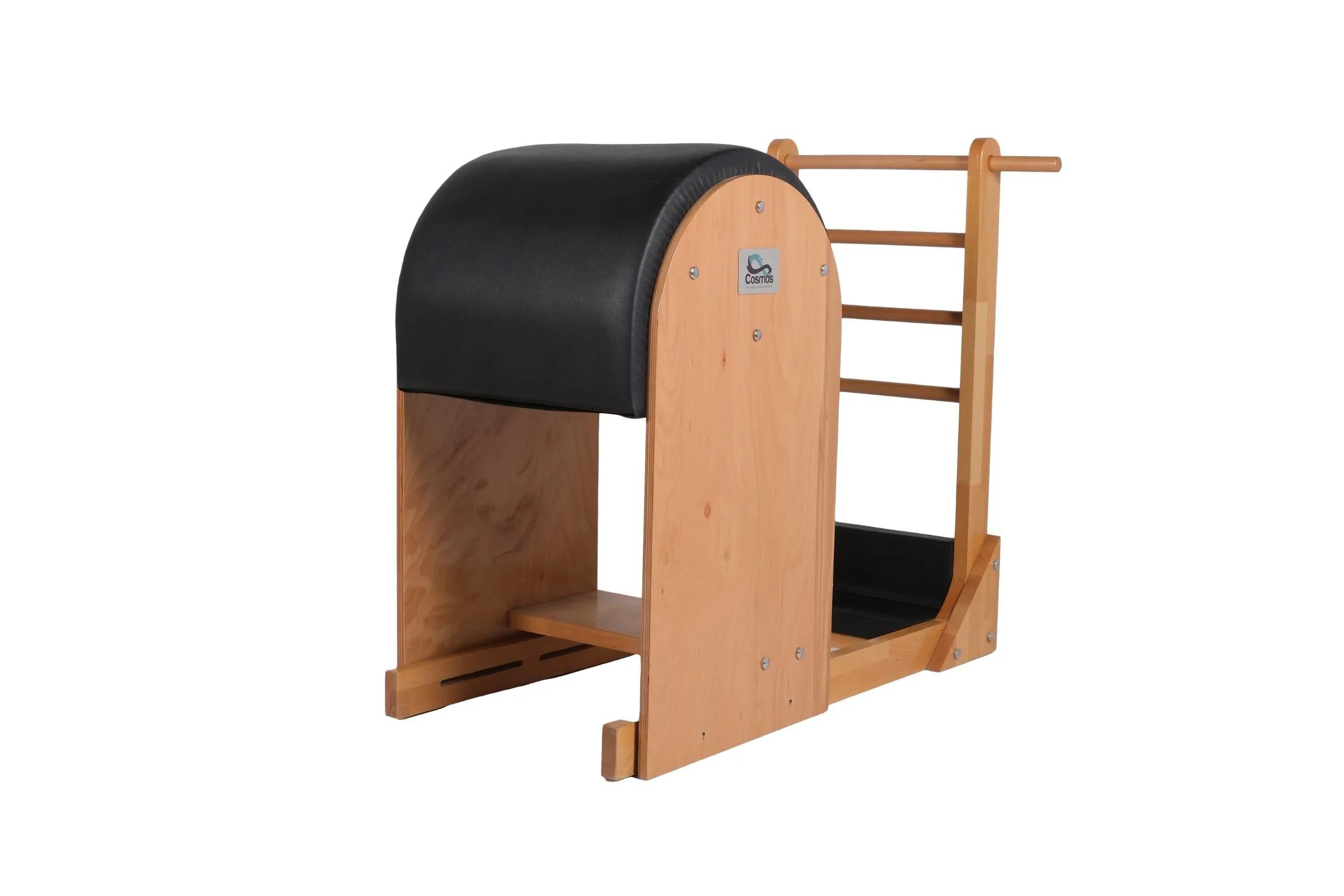 Wooden gymnastics vault with padded black top and strips, featuring a small ladder on the side, isolated on white background.