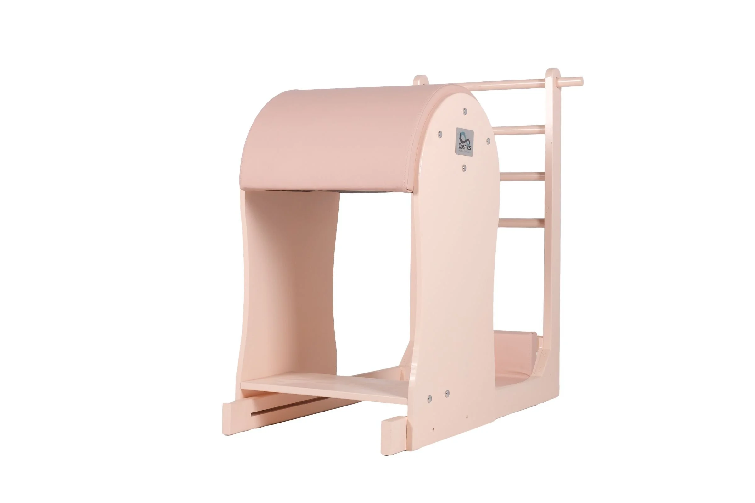 Pink wooden dollhouse with a rounded roof and ladder on the side over a white background.